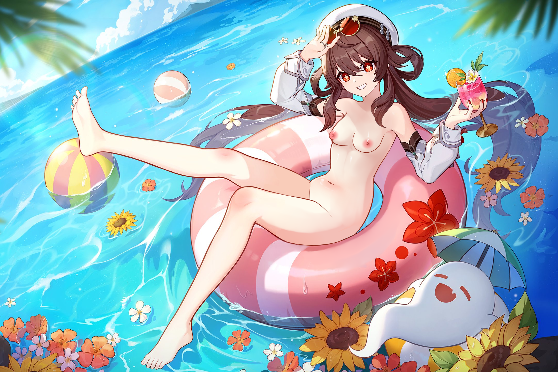 1girls, beach, belly, breasts, brown hair, completely nude, edit, edited, eyewear on head, female, genshin impact, hu tao (genshin impact), innertube, kurodahlia18, naked, nipples, nude, nude filter, ocean, outdoors, small breasts, solo, solo female, sunglasses, third-party edit