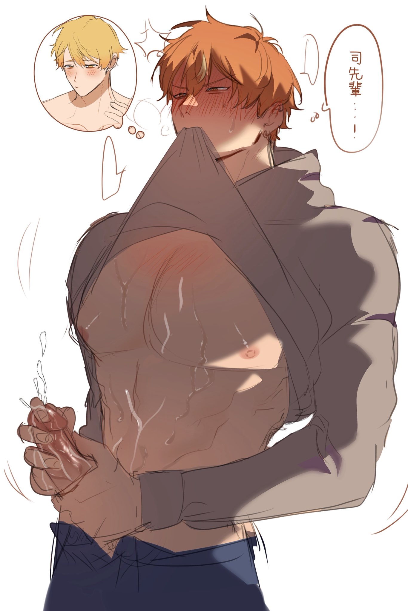 abs, aged up, areolae, biting clothes, biting shirt, cum, fantasizing, gay, jerking off, leaking cum, male, male only, masturbation, muscular male, nipples, project sekai, shinonome akito, solo focus, tenma tsukasa, yaoi