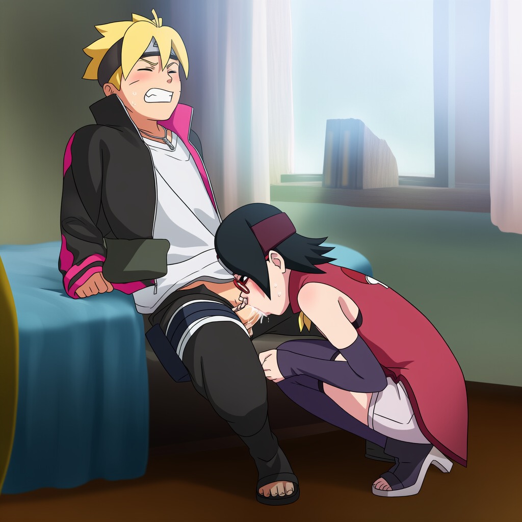 1boy, 1girls, accurate art style, ai generated, blowjob, boruto: naruto next generations, clothed, clothed sex, cum, cum in mouth, fellatio, female, male, naruto, naruto (series), oral, oral sex, sarada uchiha, uzumaki boruto