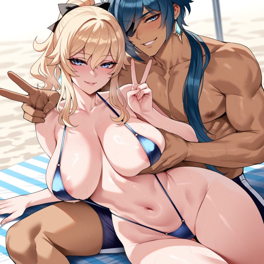 1boy, 1girls, ai generated, areola slip, areolae, ass, bangs, bare shoulders, beach, bikini, blonde hair, blue bikini, blue eyes, blue hair, blue swimsuit, blush, bow, breast grab, breasts, clavicle, cleavage, clothing, curvaceous, curvaceous female, curvaceous figure, curvy, curvy figure, dark skin, dark-skinned male, earrings, eyepatch, female, female focus, genshin impact, grabbing, grin, hair between eyes, hair ornament, hairbow, hoyoverse, huge breasts, interracial, inviting, inviting to sex, jean gunnhildr, jewelry, kaeya (genshin impact), large breasts, long hair, looking at viewer, male, male swimwear, mihoyo, mogu-tyan, multicolored hair, muscles, muscular, muscular male, navel, nipples, one-piece swimsuit, pectorals, ponytail, presenting, presenting ass, presenting breasts, presenting hindquarters, presenting pussy, presenting self, pussy, seductive, seductive look, seductive smile, sidelocks, sitting, smile, straight, streaked hair, sweat, swimsuit, tagme, thighs, tied hair, v, voluptuous, voluptuous female, wardrobe malfunction, water, wet