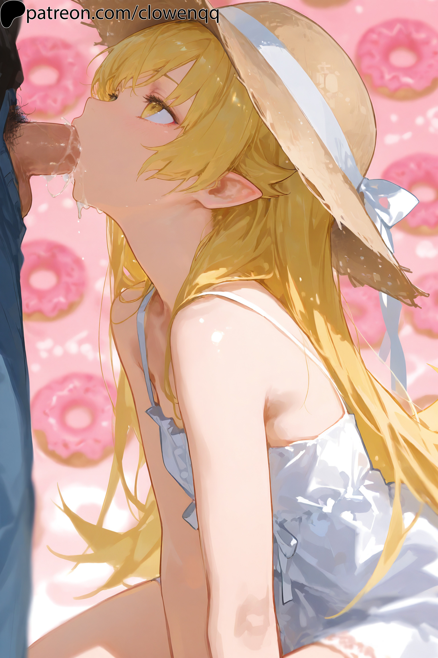 1boy, 1girls, ai assisted, ai generated, blonde hair, blowjob, clowenqq, cum, cum in mouth, dress, fellatio, female, female focus, from side, kneeling, long hair, looking up, male, male/female, monogatari (series), oral, oral penetration, oral sex, oshino shinobu, penis, penis in mouth, stable diffusion, straw hat, sucking, sucking penis, uncensored, yellow eyes