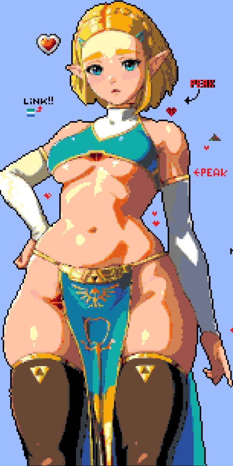 1girls, blonde hair, breasts, female, female focus, female only, no bra, no panties, pixel art, princess zelda, small breasts, tears of the kingdom, the legend of zelda, thick thighs, wplace, zelda (tears of the kingdom)
