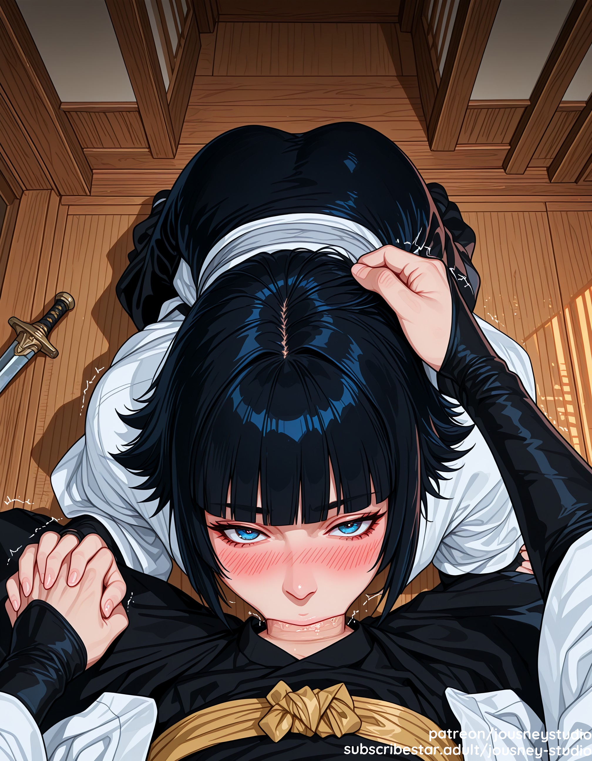 1boy, ai generated, ass, bangs, black hair, black pants, bleach, blue eyes, blunt bangs, blush, breasts, clothing, deepthroat, erection, fellatio, female, hand on another's head, holding hands, indoors, interlocked fingers, japanese clothes, jousneystudio, kneeling, knife, large breasts, long sleeves, looking at viewer, lying, male, male pov, oral, penis, pov crotch, saliva, short hair, short sword, soifon, solo focus, straight, sui-feng, sword, trembling, weapon