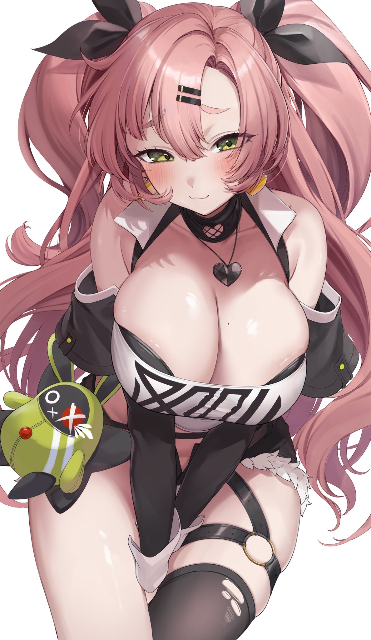 :3, amillion (zenless zone zero), bangboo (zenless zone zero), between legs, black ribbon, black shorts, blush, breasts, cleavage, closed mouth, clothing cutout, collarbone, crop top, earrings, female, green eyes, hair between eyes, hair ornament, hairclip, hand between legs, heart, heart earrings, heart necklace, highres, jewelry, large breasts, long hair, looking at viewer, micro shorts, mole, mole on breast, mole under eye, necklace, nicole demara, o-ring, o-ring thigh strap, parted bangs, pink hair, ribbon, shorts, shoulder cutout, simple background, single thighhigh, sitting, skindentation, smile, solo, strapless, tarou (komekueyo), thigh strap, thighhighs, thighs, torn clothes, torn thighhighs, tube top, two side up, white background, white tube top, zenless zone zero