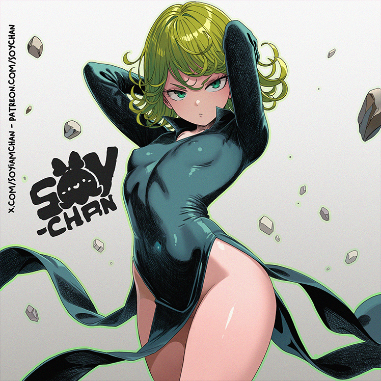 1girls, ai generated, arms up, artist name, aura, bangs, breasts, clothing, curly hair, curvy, dress, eyelashes, female, female focus, female only, floating object, green eyes, green hair, hands behind head, hips, human, long sleeves, looking at viewer, medium hair, nipple bulge, nipples, nipples visible through clothing, no bra, no panties, one-punch man, petite, pinup, pose, pussy, rubble, shiny skin, simple background, small breasts, solo, solo female, soyiamchan, tatsumaki, telekinesis, thick thighs, thighs, url, watermark, white background, wide hips