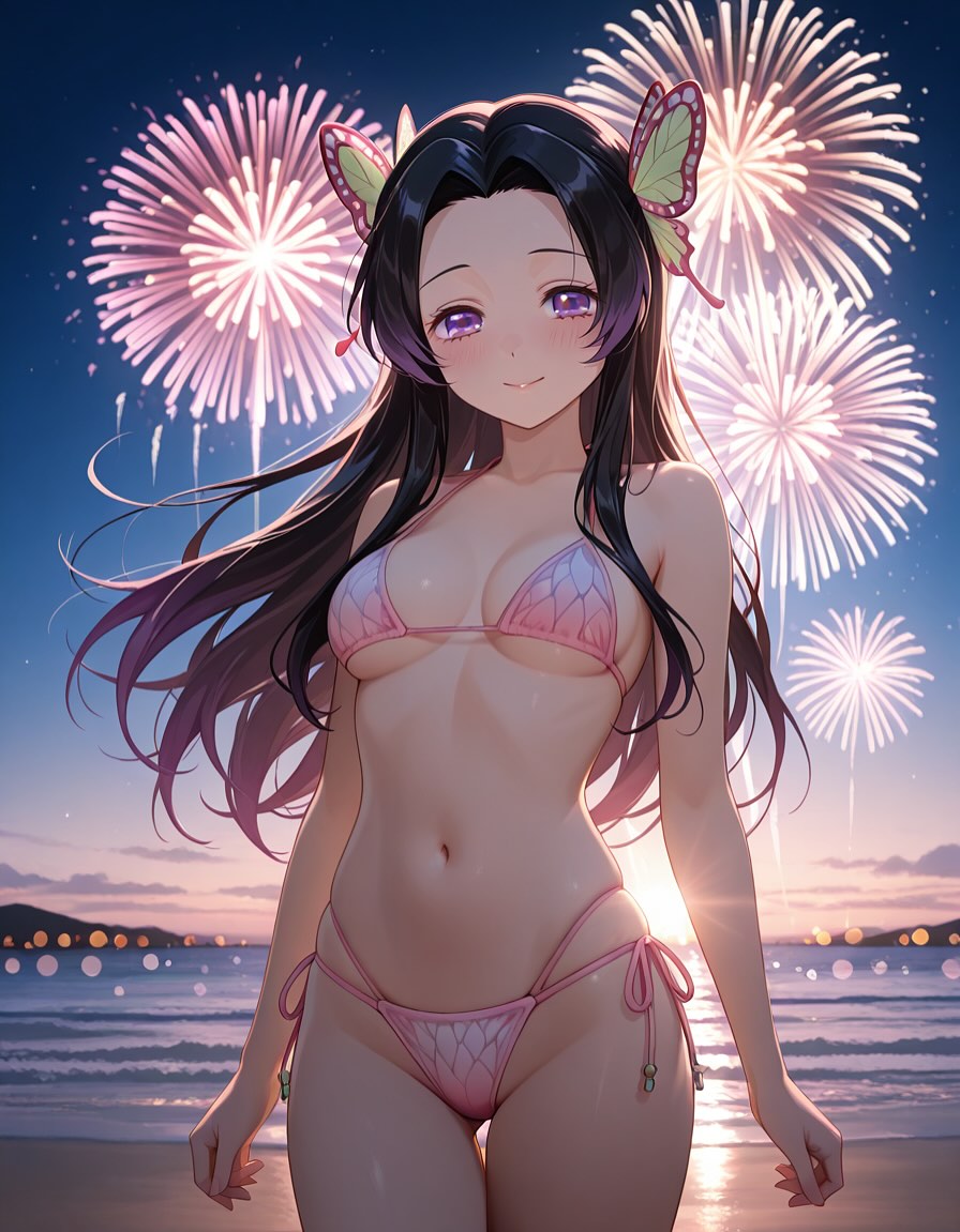 2025 ai_generated beach_background belly black_eyebrows black_hair_female butterfly_hairclip fireworks glaring_at_viewer instagram looking_at_viewer meta pink_bikini purple_eyes_female smile_at_viewer smiling_at_viewer tummy unknown_artist unknown_character