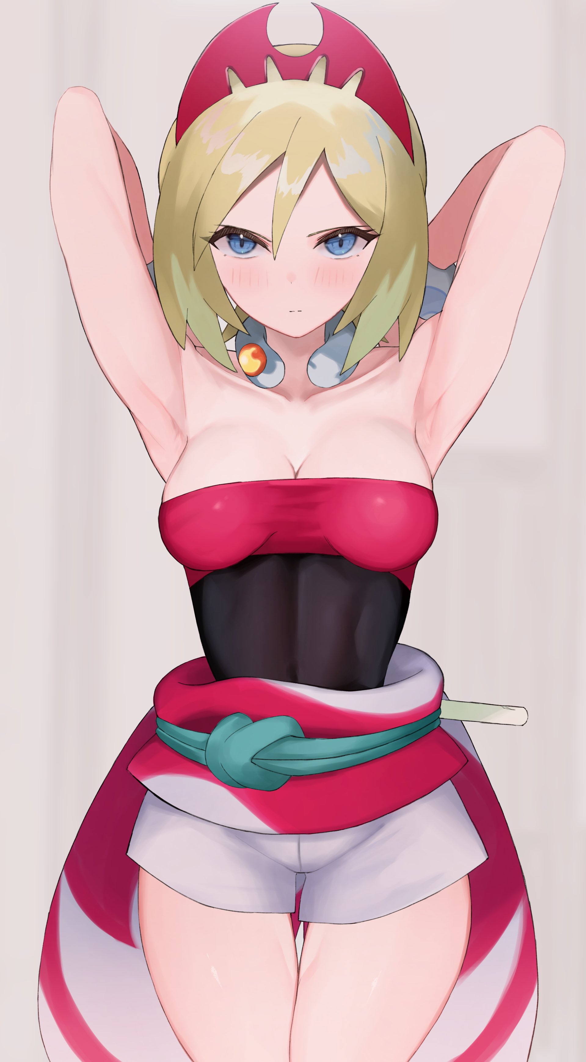 1girls, 2022, armpit fetish, armpits, arms behind head, arms up, blonde hair, blue eyes, blush, breasts, clothed, clothed female, embarrassed, female, female only, hair ornament, hi res, irida (pokemon), kataku musou, light skin, light-skinned female, looking at viewer, nintendo, pale skin, pale-skinned female, petite, pokemon, pokemon legends: arceus, short hair, short shorts, shorts, simple background, small breasts, thigh gap, thighs, tubetop, very high resolution