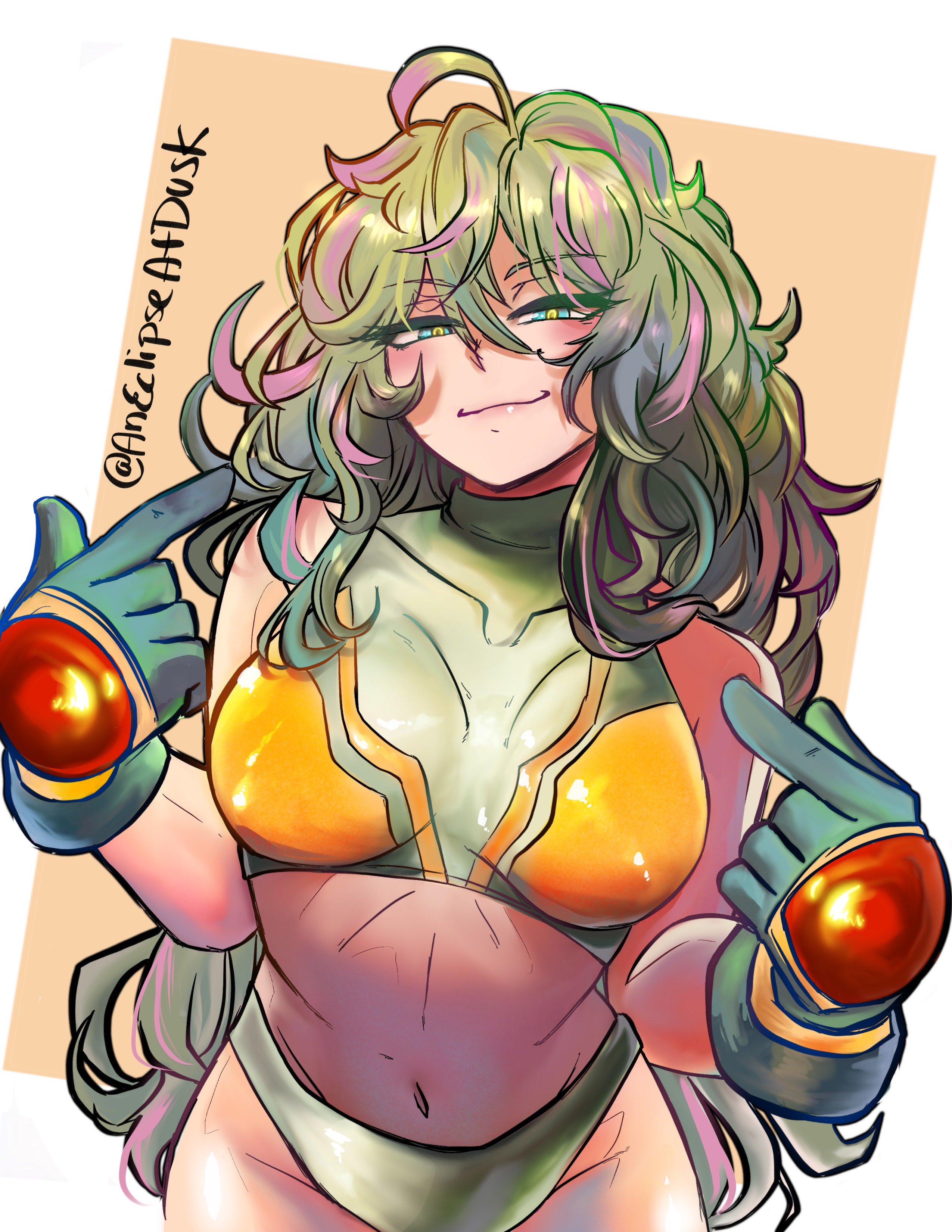 1girls, aneclipseatdusk, artist name, boku no hero academia, female, gloves, green eyes, green hair, green-haired female, light skin, light-skinned female, midriff, my hero academia, my hero academia (finale), pointing at self, post-timeskip, smiling, tight clothing, tooru hagakure, tooru hagakure (post-timeskip), tooru hagakure (visible)