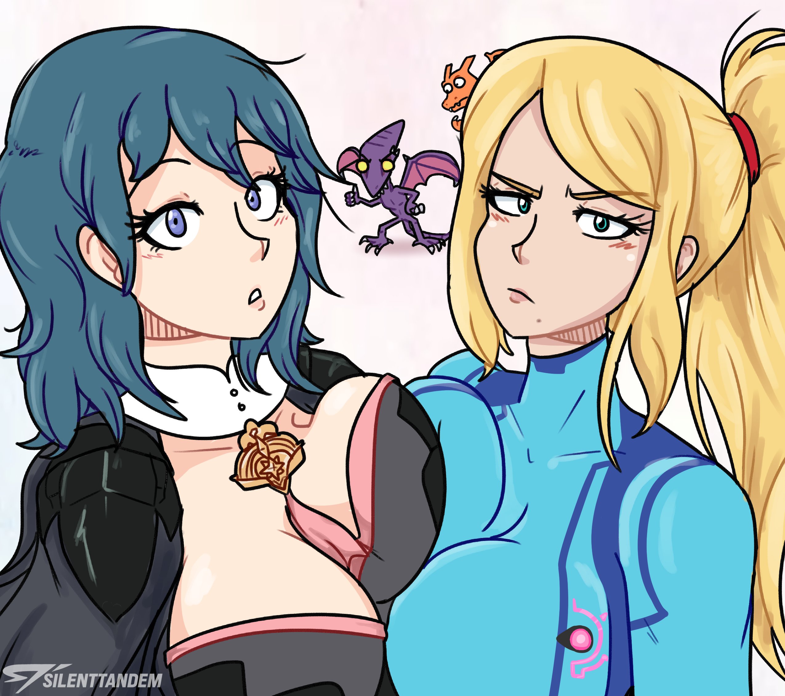 2girls, asymmetrical docking, background character, blue eyes, blue hair, breasts, breasts to breasts, byleth (fire emblem), byleth (fire emblem) (female), charizard, clothed, clothing, crossover, female, fire emblem, fire emblem: three houses, metroid, nintendo, pokemon, pokemon (species), ridley, samus aran, silenttandem, thumbs up, white skin, yuri
