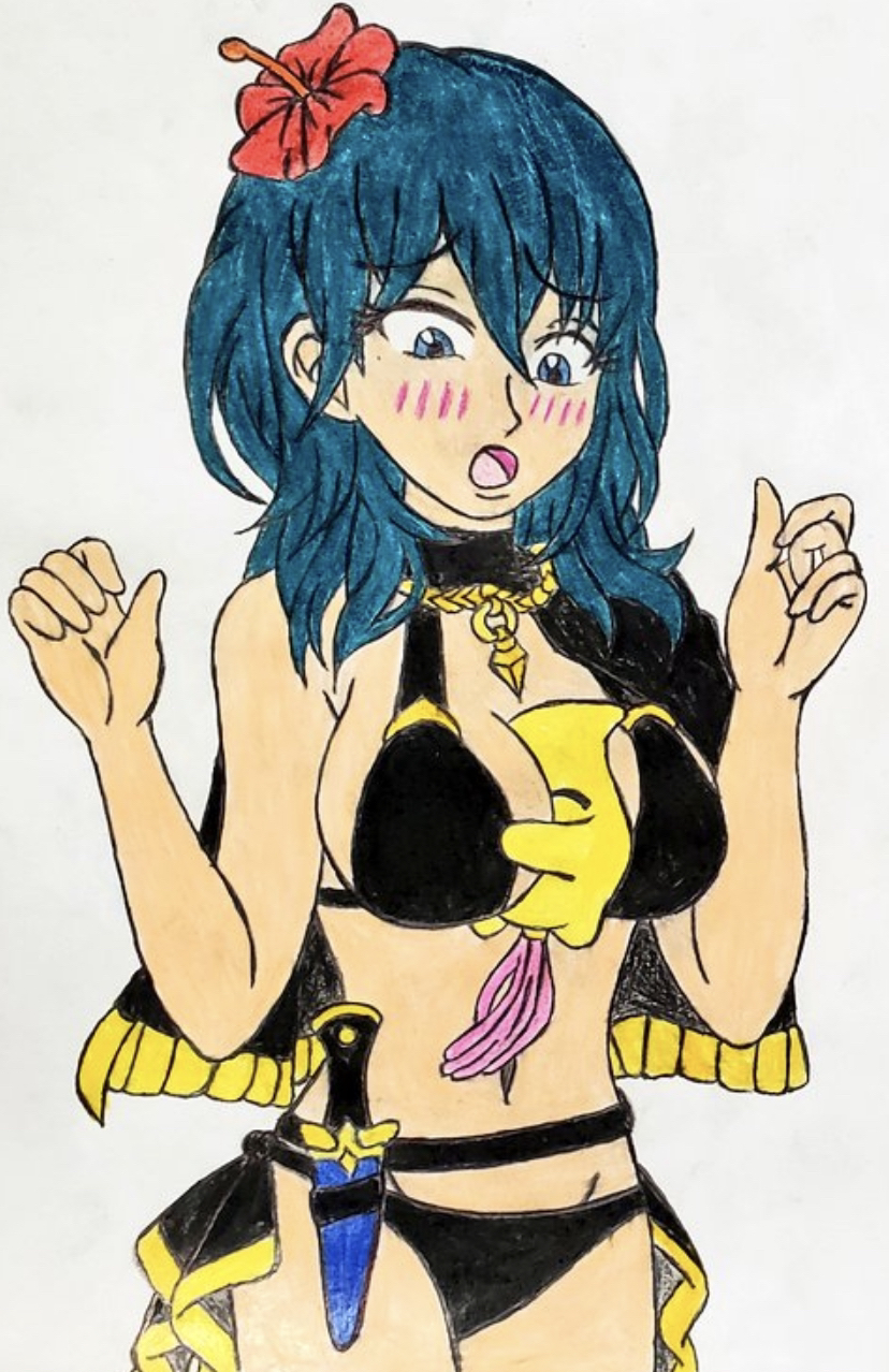 alternate_costume bikini black_bikini black_swimsuit blue_eyes byleth_(fire_emblem) byleth_(fire_emblem)_(female) crossover dcb2art female fire_emblem fire_emblem:_three_houses fire_emblem_heroes luma mario_(series) nintendo official_alternate_costume solo source_request swimsuit teal_hair white_skin