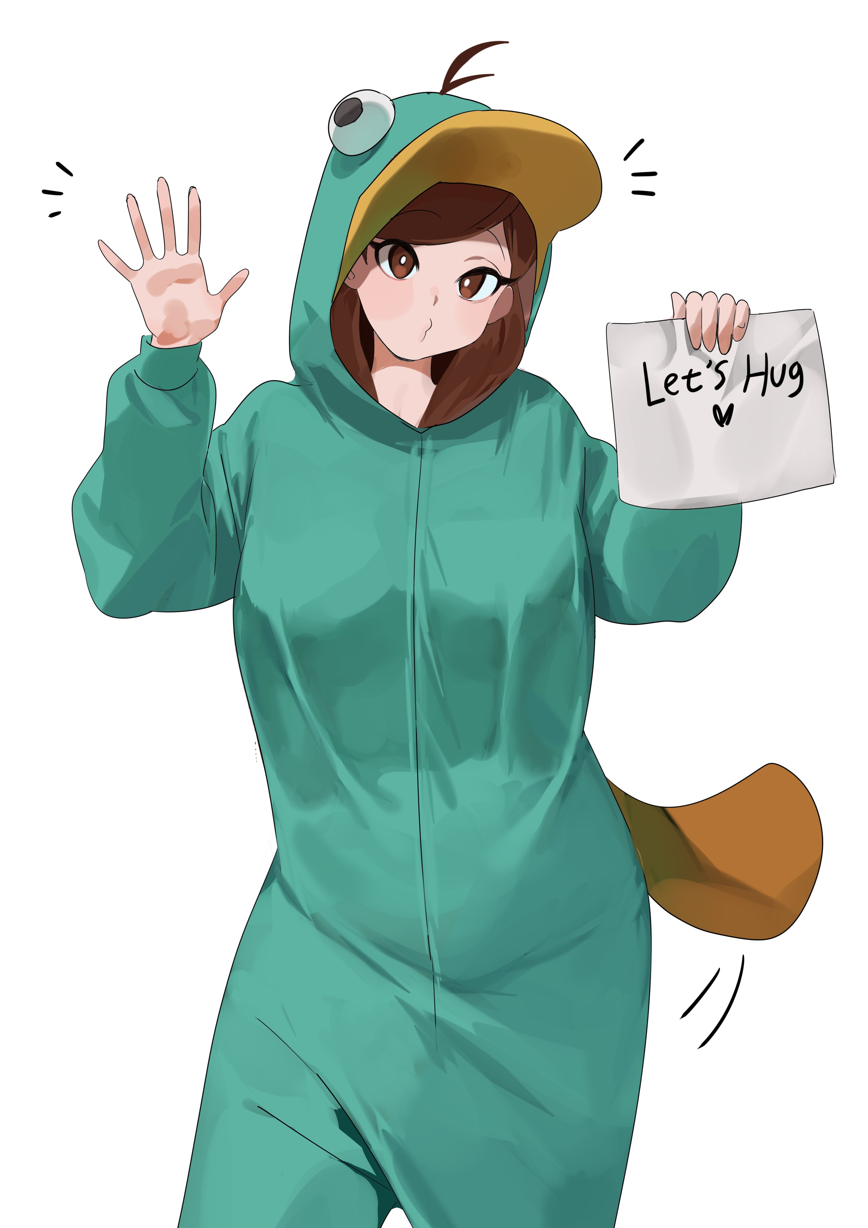 1girls, 2025, 2d (artwork), aged up, baggy clothing, brown eyes, brown hair, disney, disney channel, english text, female, gravity falls, high resolution, light skin, light-skinned female, mabel pines, nia (nia4294), nia4294, onesie, paper, perry the platypus, phineas and ferb, solo, waving, white background