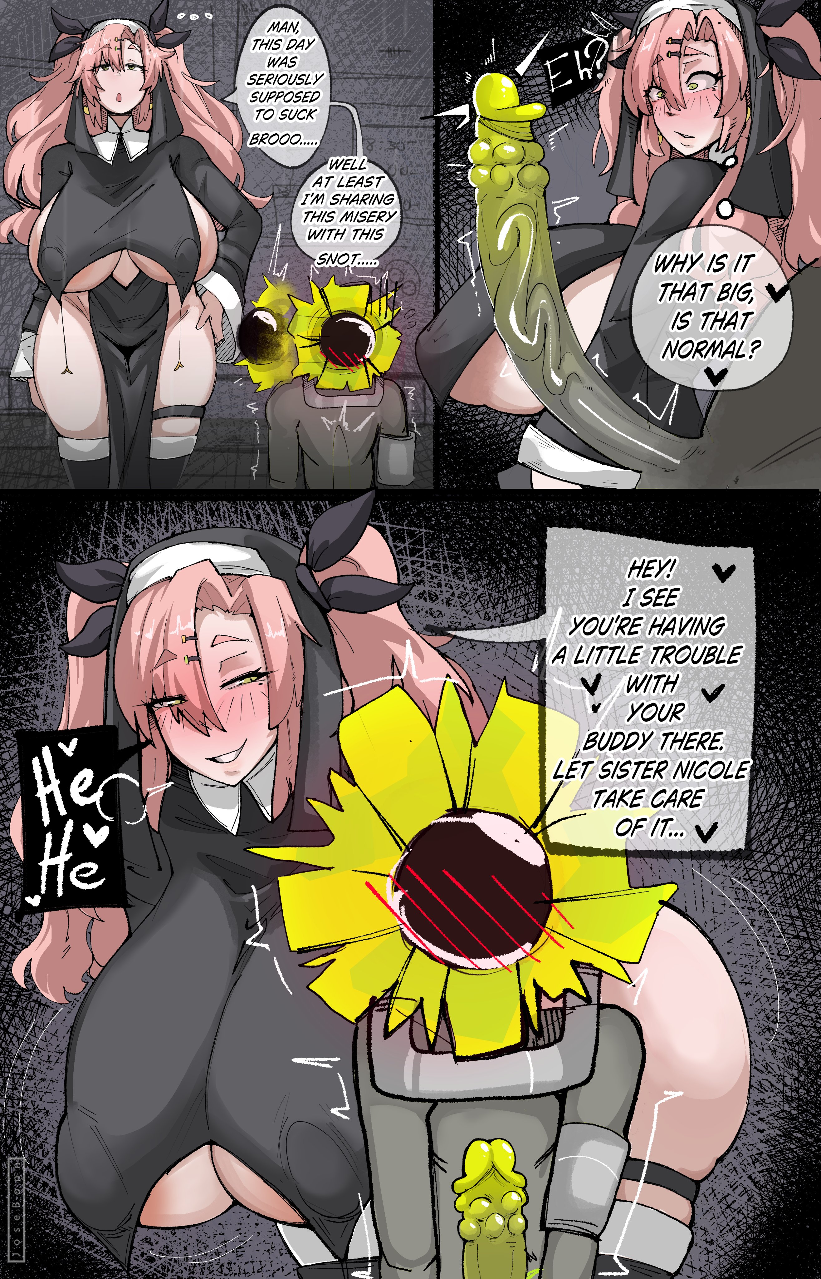 1girls, breasts, cunning hares, dialogue, ethereal (zenless zone zero), female, huge breasts, josebonn, looking at penis, male, monster, monster boy, monster cock, nicole demara, nun, penis, penis awe, text, voluptuous, zenless zone zero