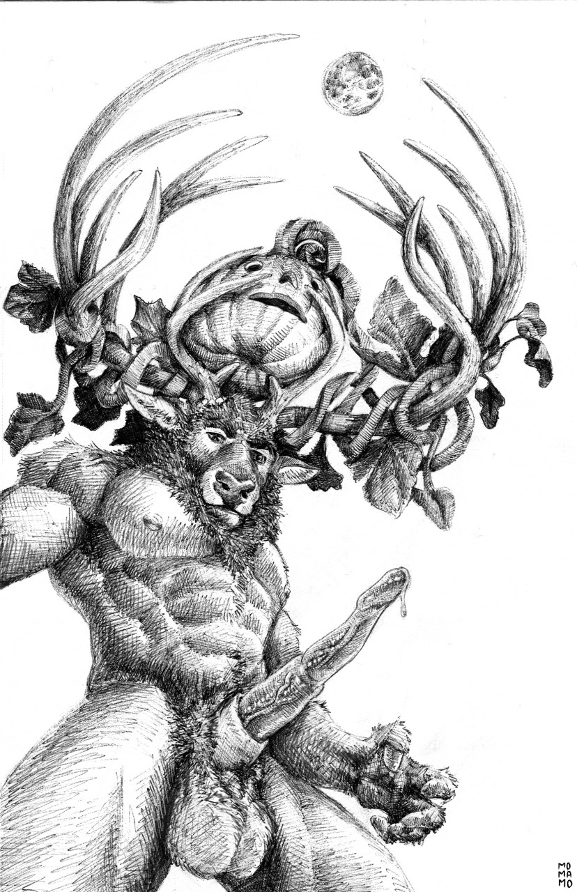 abs animal_genitalia animal_penis anthro antlers balls bodily_fluids cervid cervine elk erection food fruit fur genital_fluids genitals hair hi_res horn jack-o'-lantern leaf looking_down male mammal momamo muscular muscular_anthro muscular_male nipples nude outside penis plant precum pumpkin simple_background solo traditional_media_(artwork)