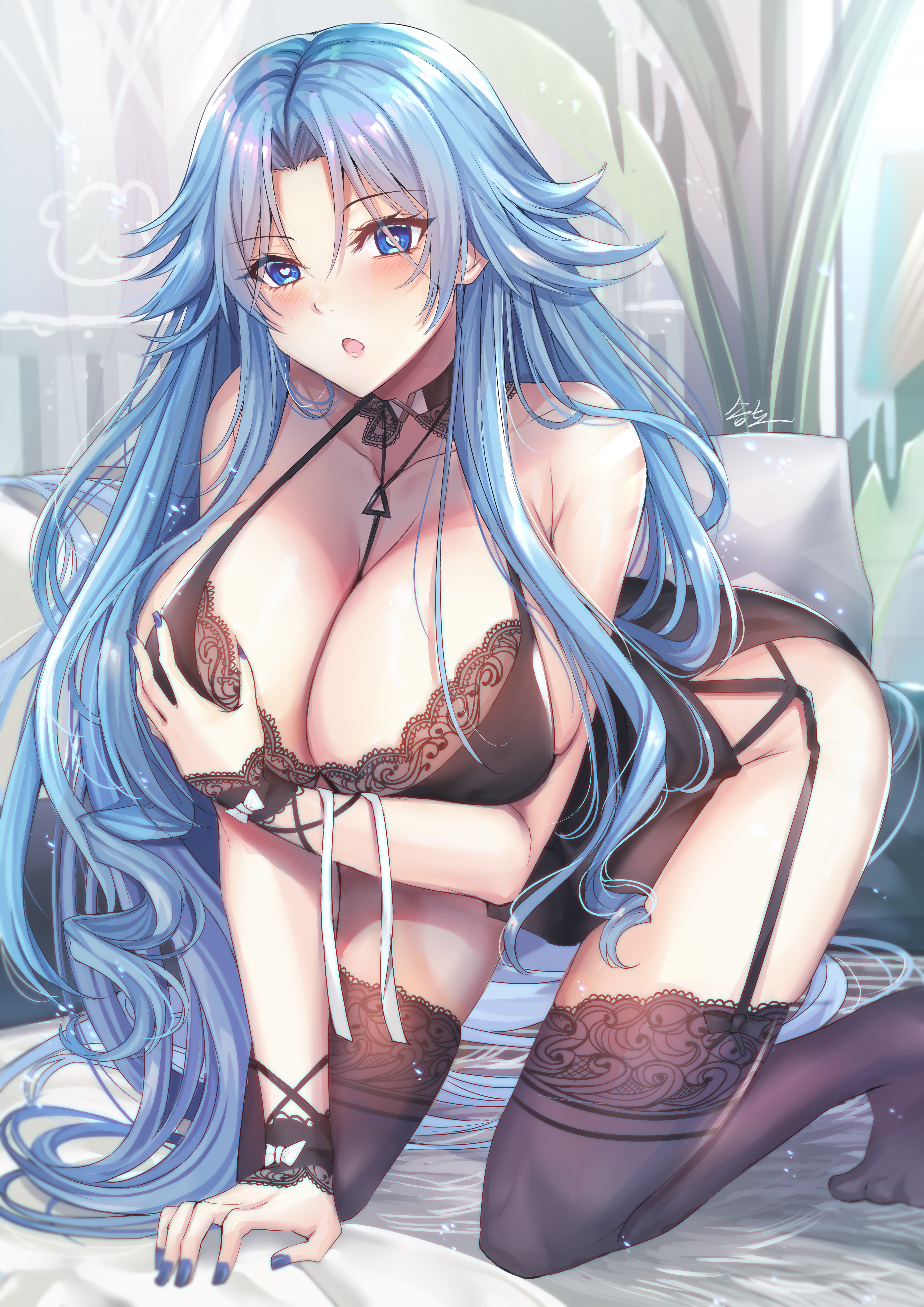 :o, arm under breasts, azur lane, babydoll, bare shoulders, between breasts, black babydoll, black thighhighs, blue eyes, blue hair, blue nails, blush, breast hold, breasts, cg, choker, cleavage, collarbone, criss-cross halter, female, full body, garter belt, garter straps, halterneck, heart, heart-shaped pupils, huge breasts, kneeling, lace, lace trim, lace-trimmed legwear, large breasts, lingerie, long hair, looking at viewer, nail polish, nightgown, no shoes, official alternate costume, open mouth, parted bangs, signature, sleepwear, solo, sovetskaya belorussiya (azur lane), sovetskaya belorussiya (relaxation stratagem) (azur lane), symbol-shaped pupils, thighhighs, thighs, underwear, very long hair