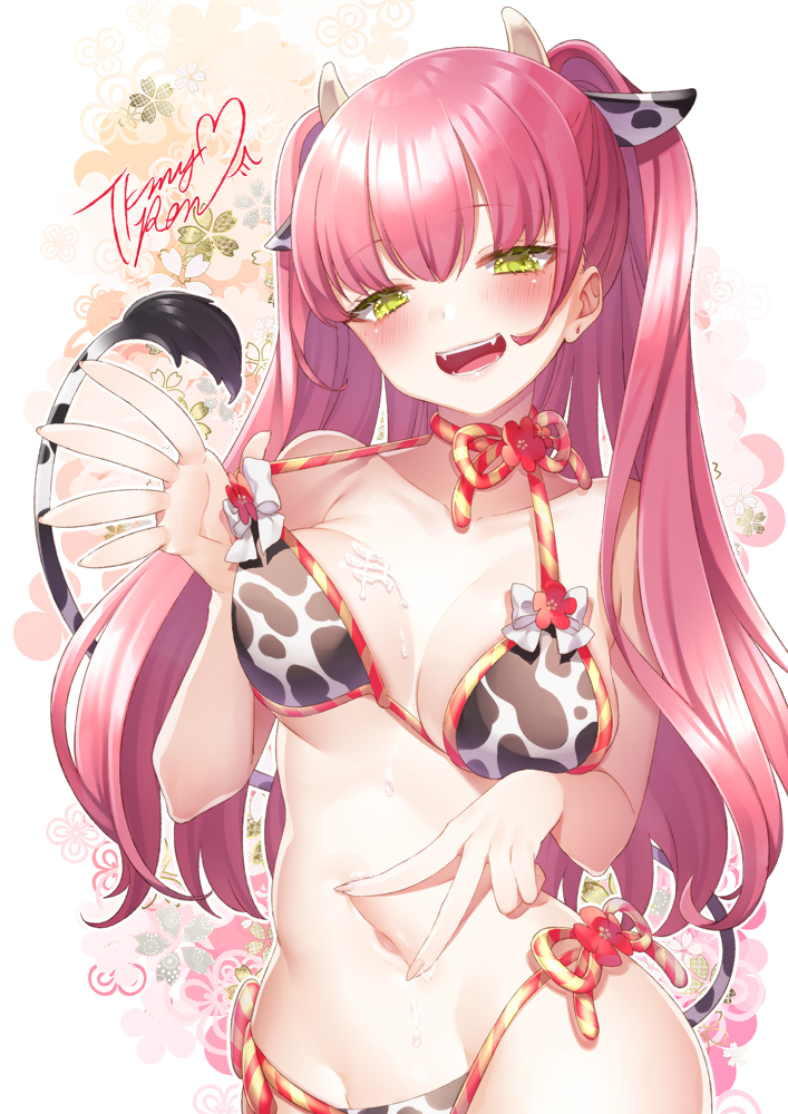 animal_ears animal_print bikini breasts chinese_zodiac cow_ears cow_girl cow_print cow_tail fangs female female flower large_breasts long_hair looking_at_viewer mei_(takamiya_ren) navel original pink_hair print_bikini smile solo spread_navel swimsuit tail takamiya_ren twintails v year_of_the_ox yellow_eyes