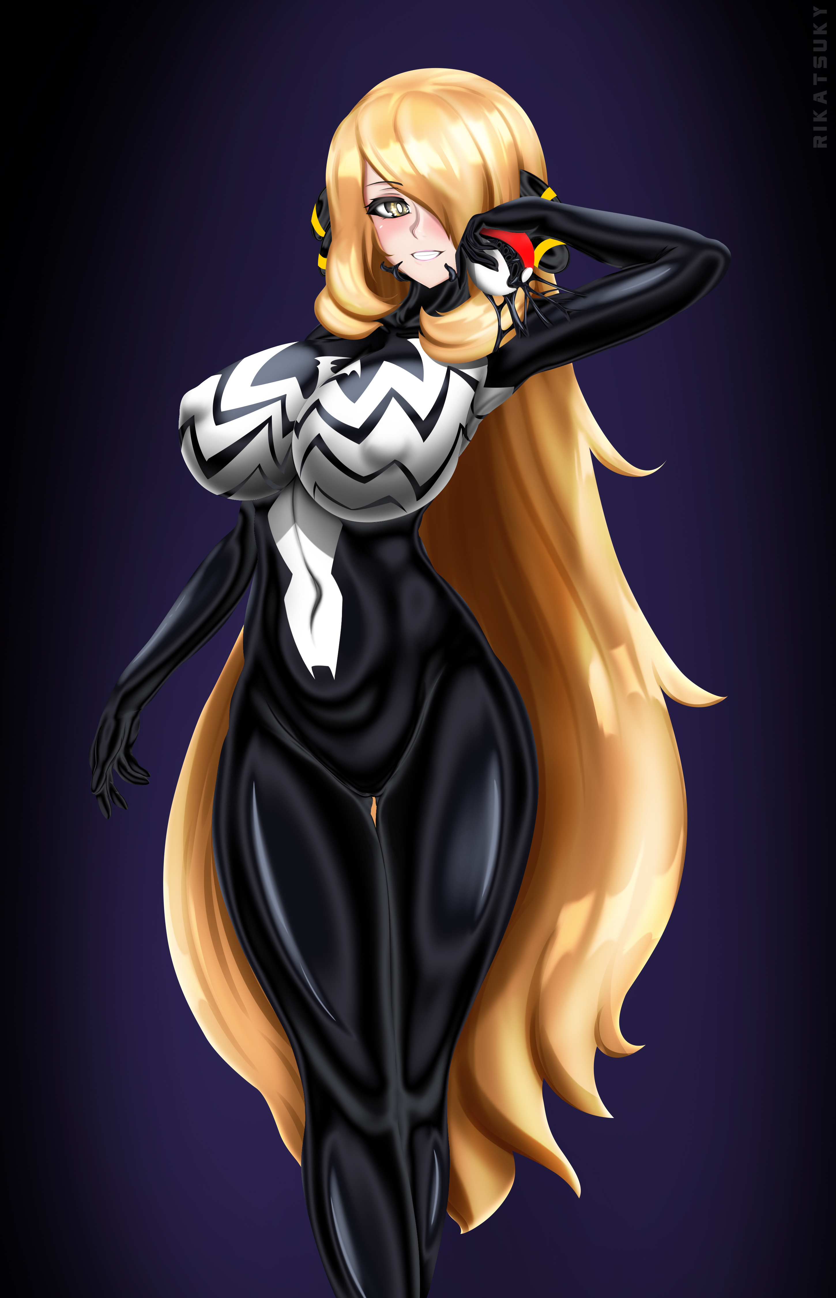 big breasts, blonde hair, bodysuit, breasts, corruption, cynthia (pokemon), female, female focus, female only, golden eyes, goo, goo creature, long hair, marvel, marvel comics, pokeball, pokemon, rikatsuky, slime, straight hair, symbiote, venom (marvel)