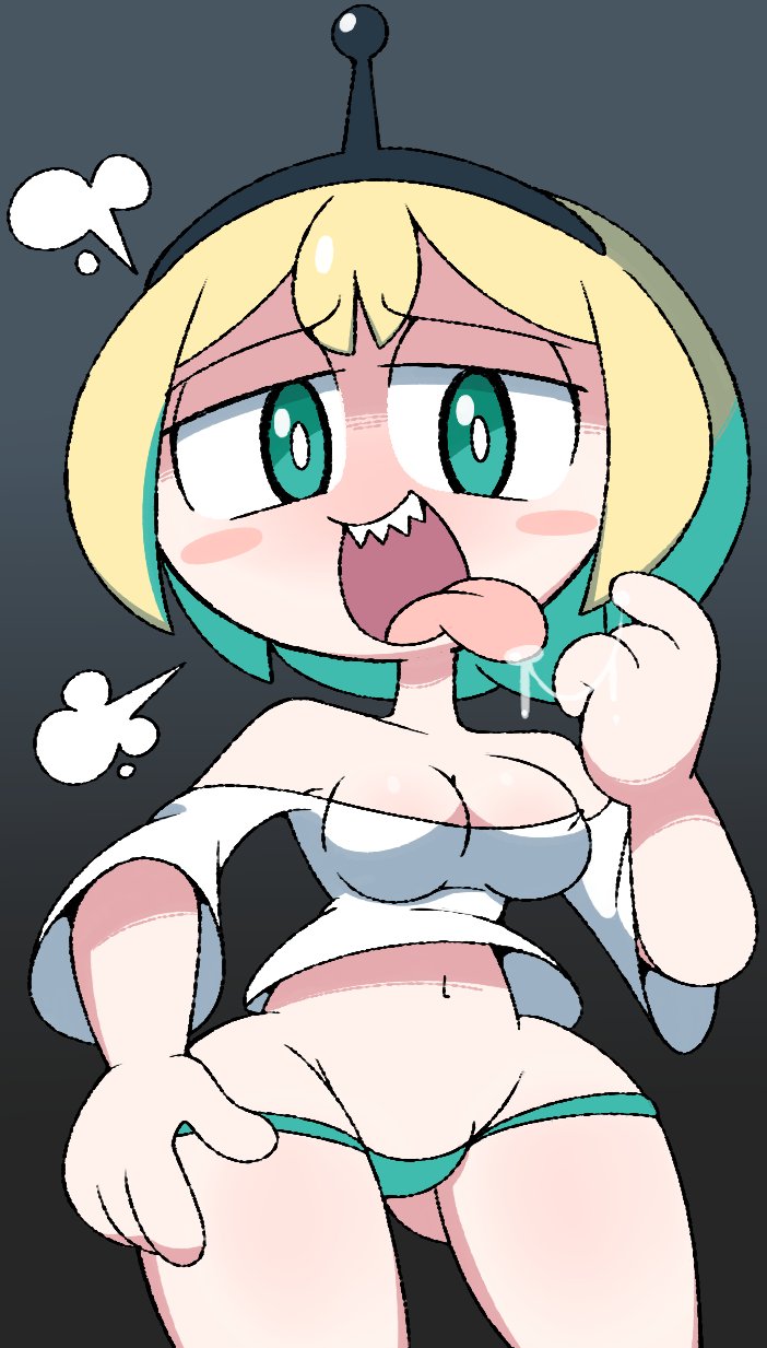 1girls amano_pikamee blonde_hair blush breasts green_eyes green_panties half-closed_eyes looking_at_viewer navel open_mouth panties saliva saliva_trail sharp_teeth short_hair simple_background solo solo_female t-shirt tongue tongue_out vilepluff virtual_youtuber voms_project wide_hips yellow_hair