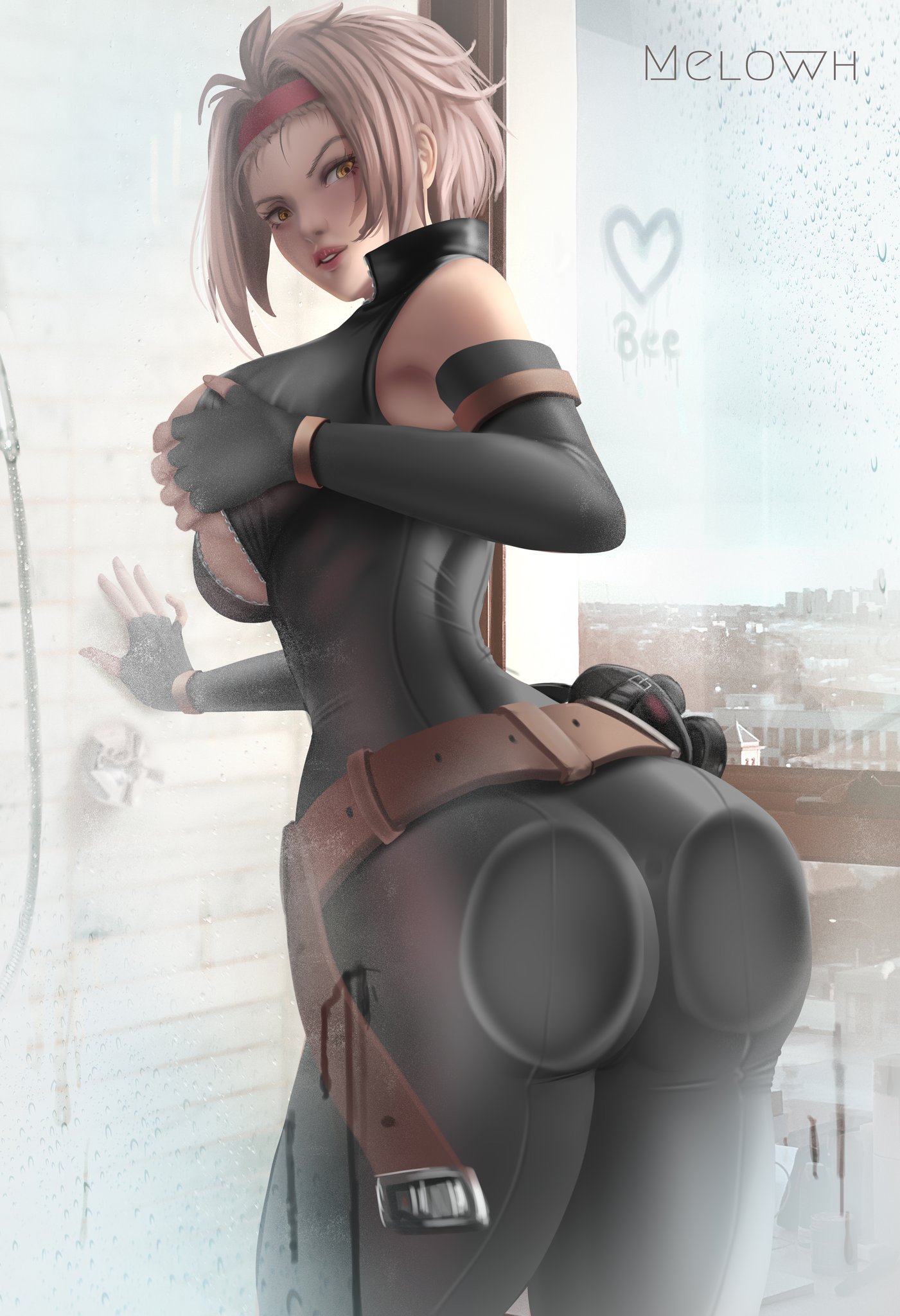 1girls, 2020, against wall, ass, ass on glass, bathroom, beecham (metal slug), big ass, big breasts, black gloves, bodysuit, breast grab, breasts, brown hair, female, female focus, female only, fingerless gloves, height difference, latex, latex gloves, latex suit, looking at viewer, medium hair, melowh, metal slug, metal slug attack, open mouth, ptolemaic army, realistic, seductive, snk, solo, solo female, solo focus, thick thighs, yellow eyes