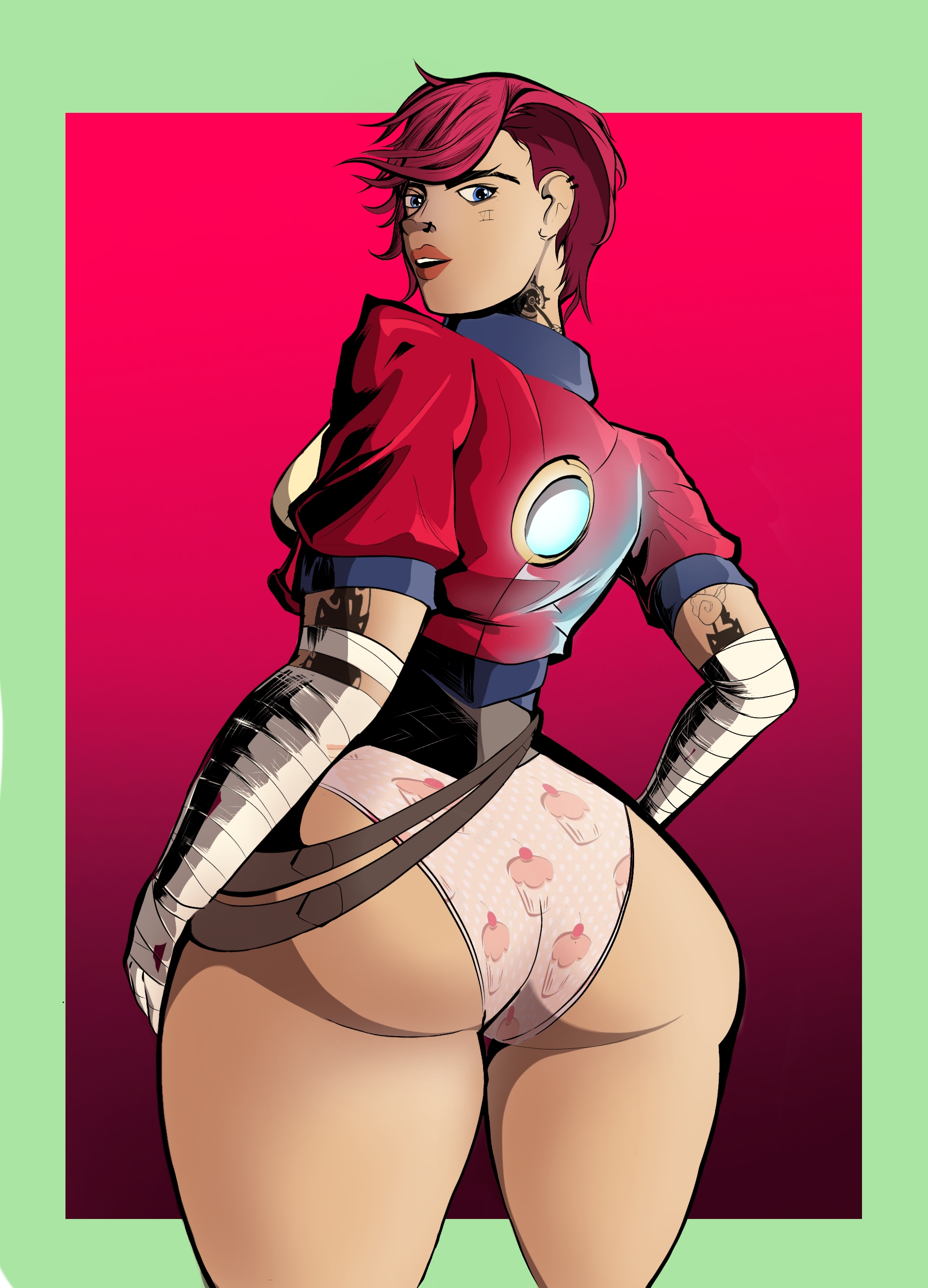 arcane, arcane vi, ass, ass focus, ass up, big ass, big butt, caitlyn kiramman, canon couple, female, female only, jinx (league of legends), league of legends, legs, panties, red hair, thick ass, thigh, vi