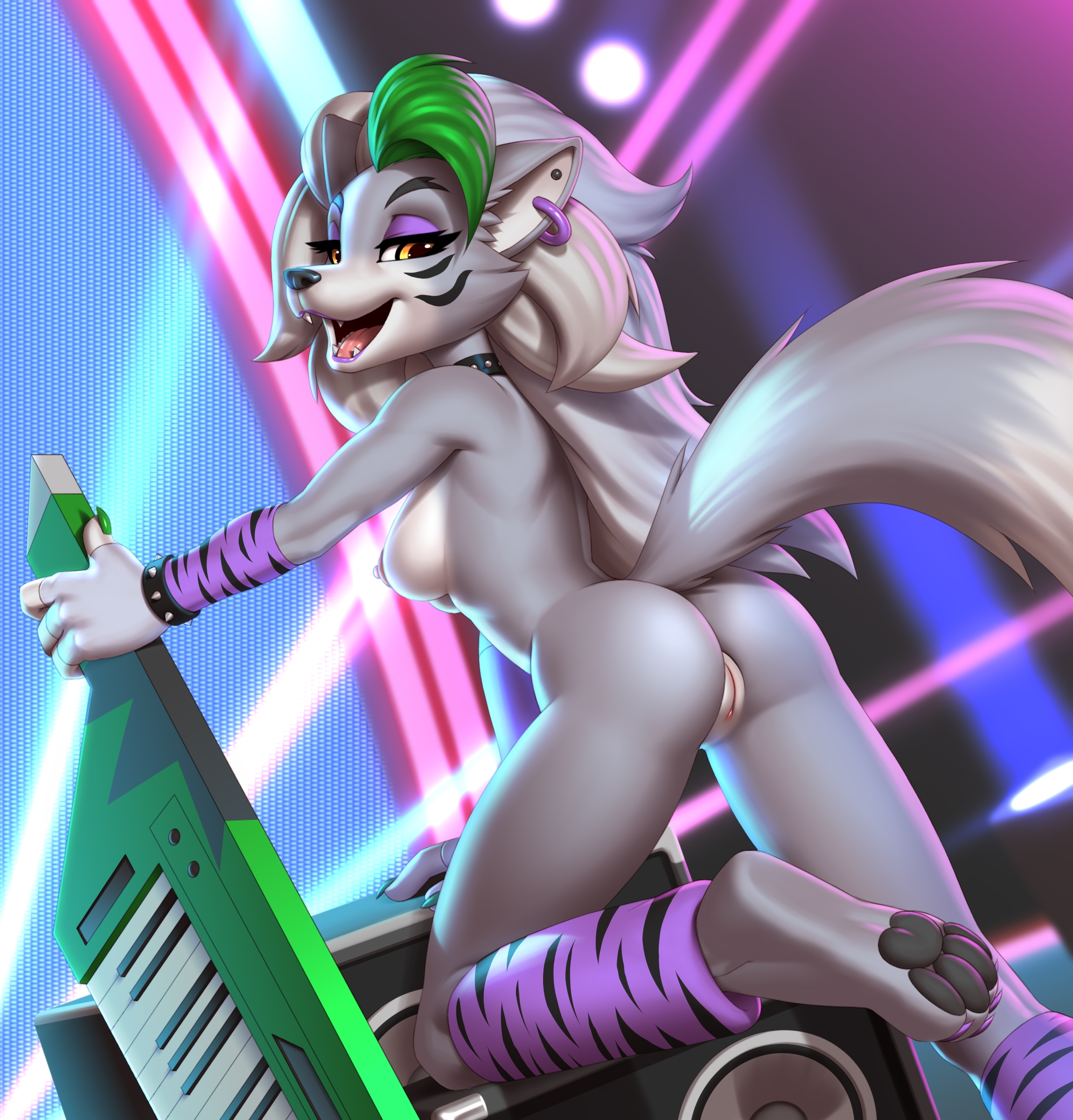 absurd res, armwear, ass, breasts, canid, canine, canis, female, five nights at freddy's, five nights at freddy's: security breach, fur, furry, furry only, hi res, legwear, looking back, mostly nude, naked, nude, pak009, pakwan008, pussy, roxanne wolf (fnaf), side boob, sideboob, solo, tail