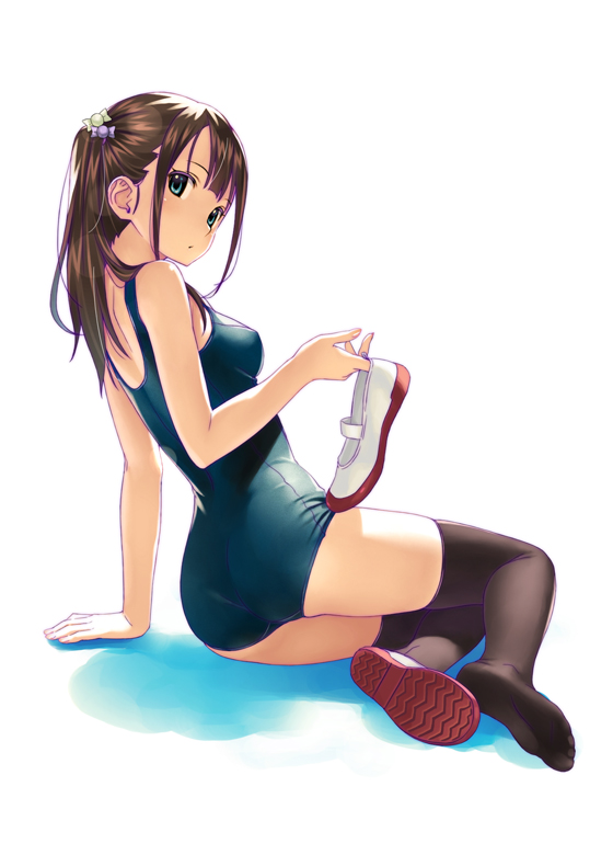 brown_hair green_eyes shoes shoes_on_hands shoes_removed sneakers stockings swimsuit swimwear young