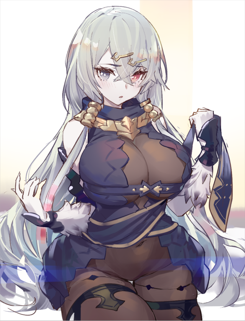 atelier_(series) atelier_ryza bangs bare_shoulders belt blue_belt blush bodysuit bodysuit_under_clothes breasts brown_bodysuit cleavage covered_navel crossed_bangs female fingernails fur grey_eyes grey_hair hair_between_eyes hair_ornament hairclip heterochromia hooded_vest jinyuan712 large_breasts lila_decyrus long_hair looking_at_viewer low_twintails pale_skin red_eyes sharp_fingernails solo thighs twintails very_long_hair