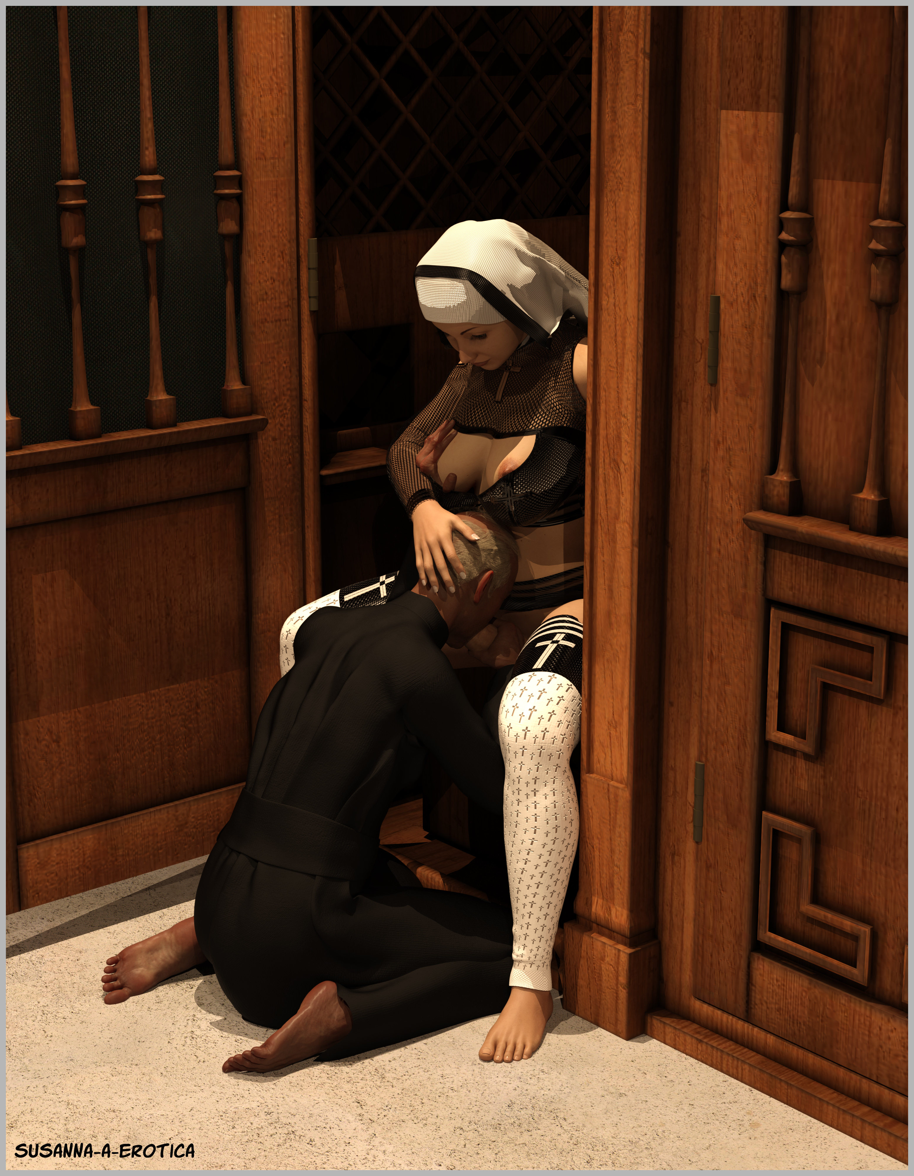 1boy, 1futa, 3d, barefoot, blowjob, clothed sex, father rockwell, futa on male, futadom, futanari, human, human only, intersex, light skin, light-skinned futa, light-skinned male, male, malesub, nun, nun futa, nun's habit, priest, self upload, sister jessica, susanna-a-erotica