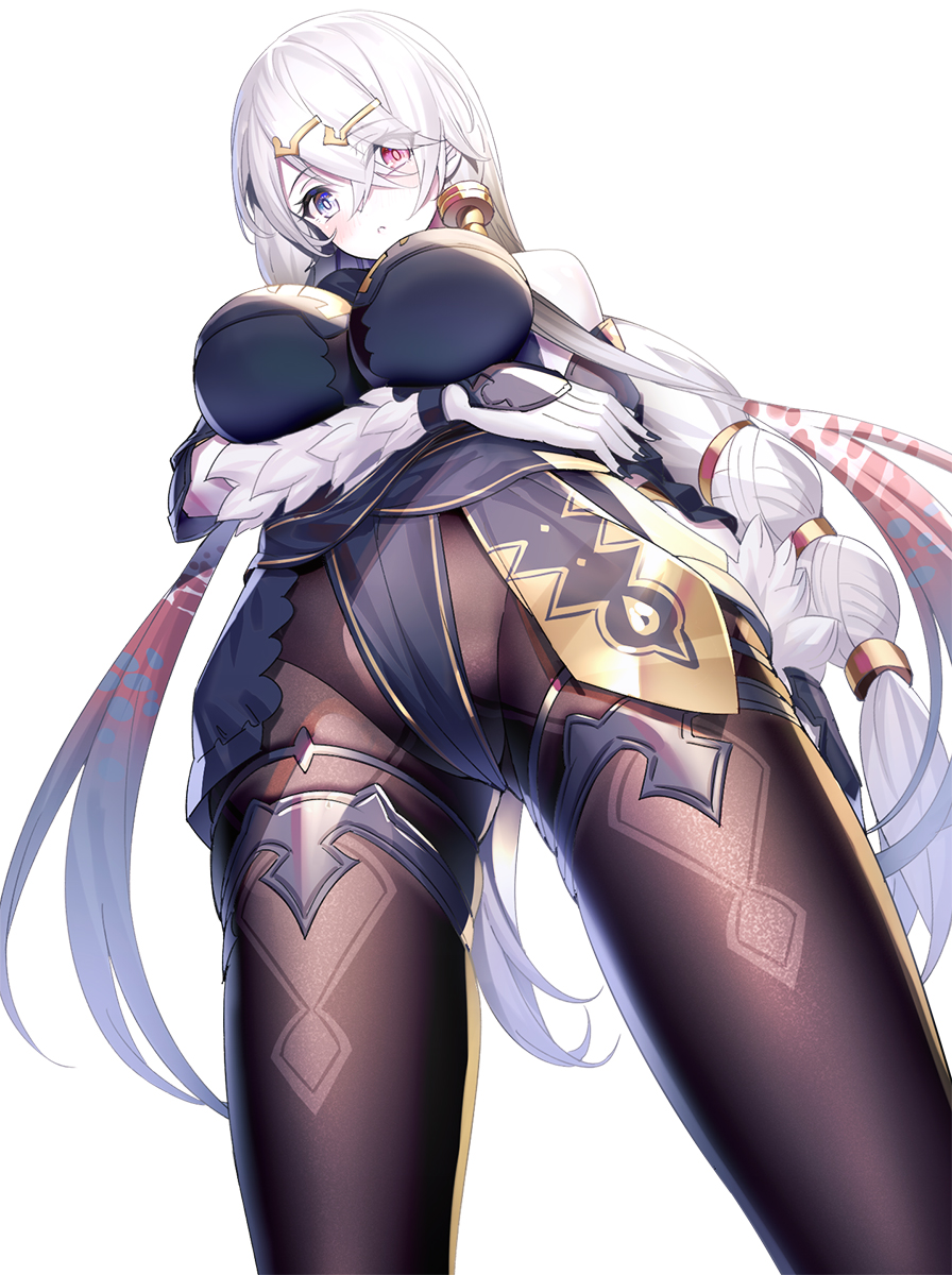 arm_under_breasts atelier_(series) atelier_ryza bangs bare_shoulders black_legwear black_leotard blue_eyes blush breasts crossed_bangs female hair_between_eyes hair_ornament hairclip highleg highleg_leotard highres large_breasts leotard lila_decyrus long_hair looking_at_viewer nail_polish pale_skin pantyhose red_eyes ririko_(zhuoyandesailaer) sidelocks simple_background solo thighlet thighs twintails very_long_hair white_background white_hair