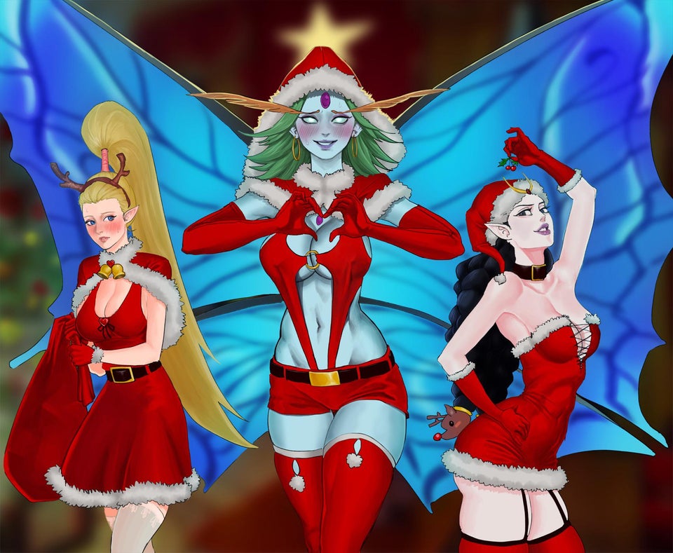 alarielle_the_radiant ariel_(warhammer) artist_request blush christmas christmas_outfit dark_elf druchii elf elf_ears elf_female female_only heart_hands high_elf_(warhammer) mistletoe morathi slutty_outfit warhammer_(franchise) warhammer_fantasy wood_elf wood_elf_(warhammer)