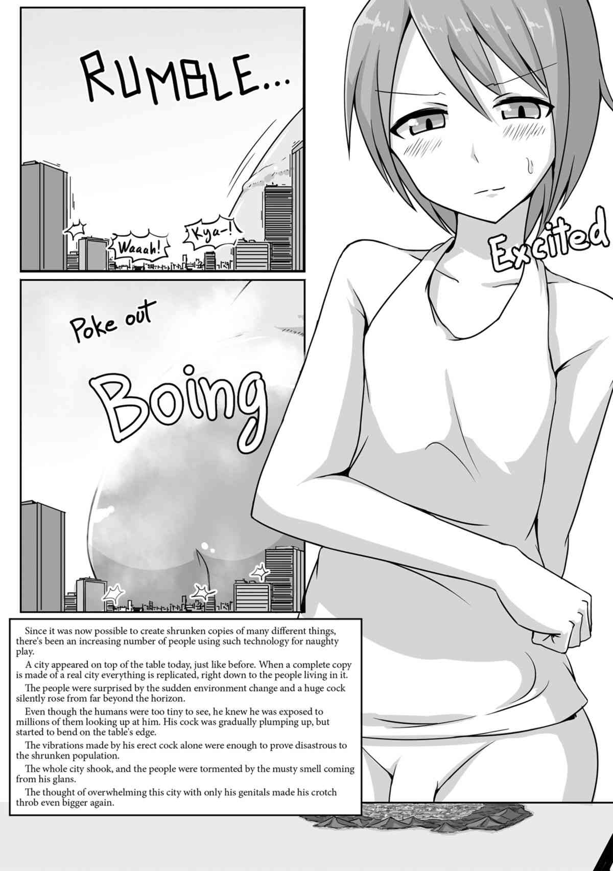 1boy bottomless city english_text femboy giant_femboy giant_male light-skinned_male light_skin male monochrome ochiko_terada penis standing text trap