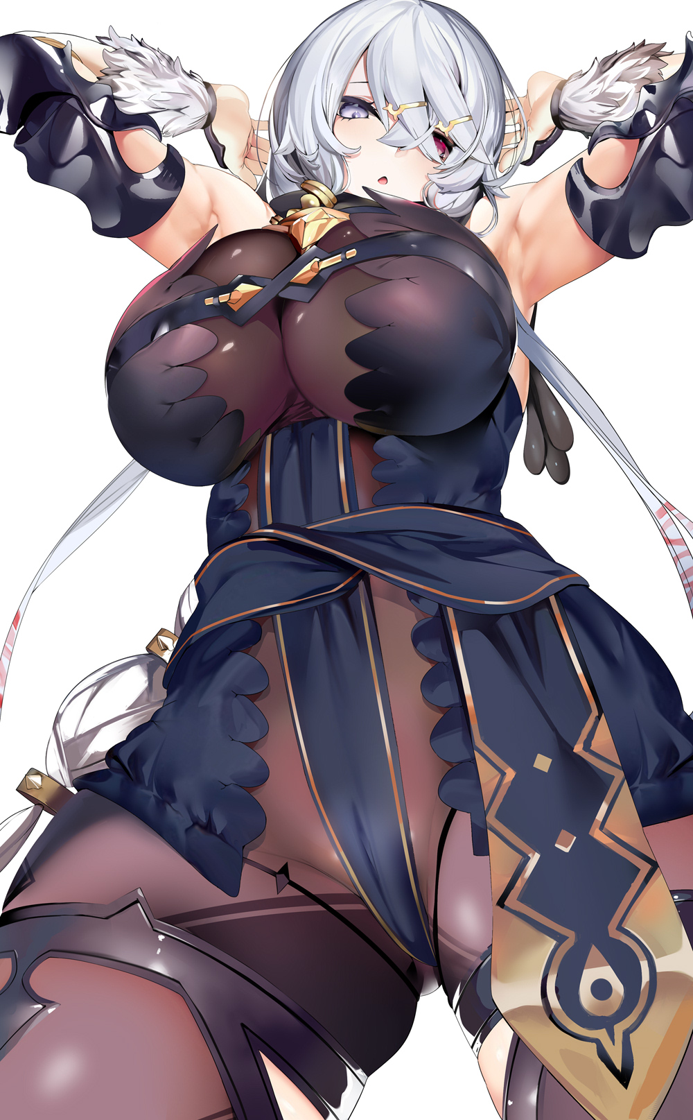 armpits arms_up atelier_(series) atelier_ryza bangs bare_shoulders blue_eyes blush bodysuit breasts cleavage crossed_bangs female from_below hair_ornament hairclip heterochromia highres large_breasts lila_decyrus long_hair looking_at_viewer low_twintails marushin_(denwa0214) pale_skin purple_eyes silver_hair simple_background skindentation solo thighs twintails very_long_hair white_background