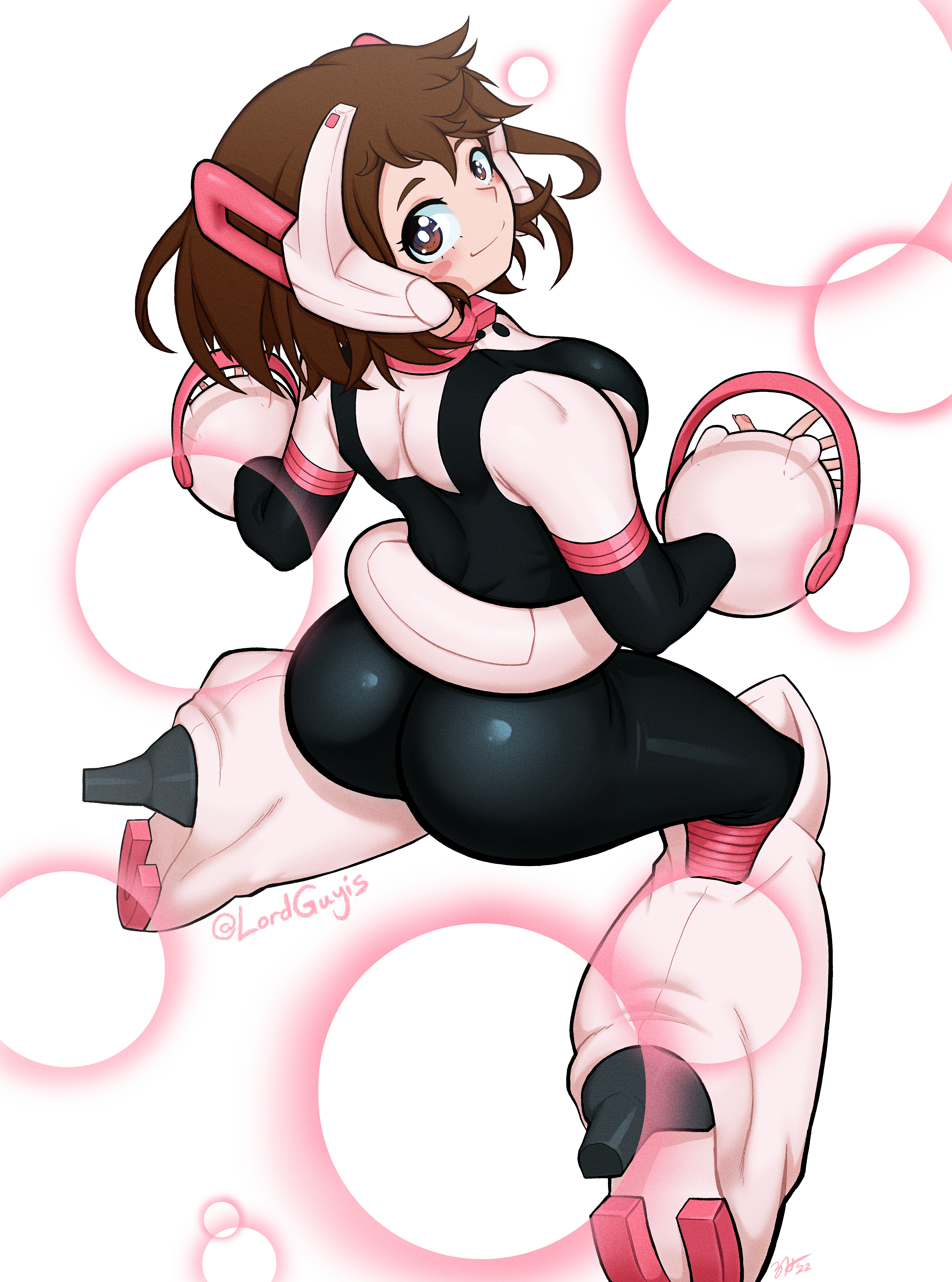 1girls, ass, blush, boots, brown eyes, brown hair, brown-haired female, clothed, clothed female, female, female only, hero outfit (mha), high heel boots, high heels, looking at viewer, looking back, lordguyis, my hero academia, ochako uraraka, simple background, solo, superheroine, thick thighs