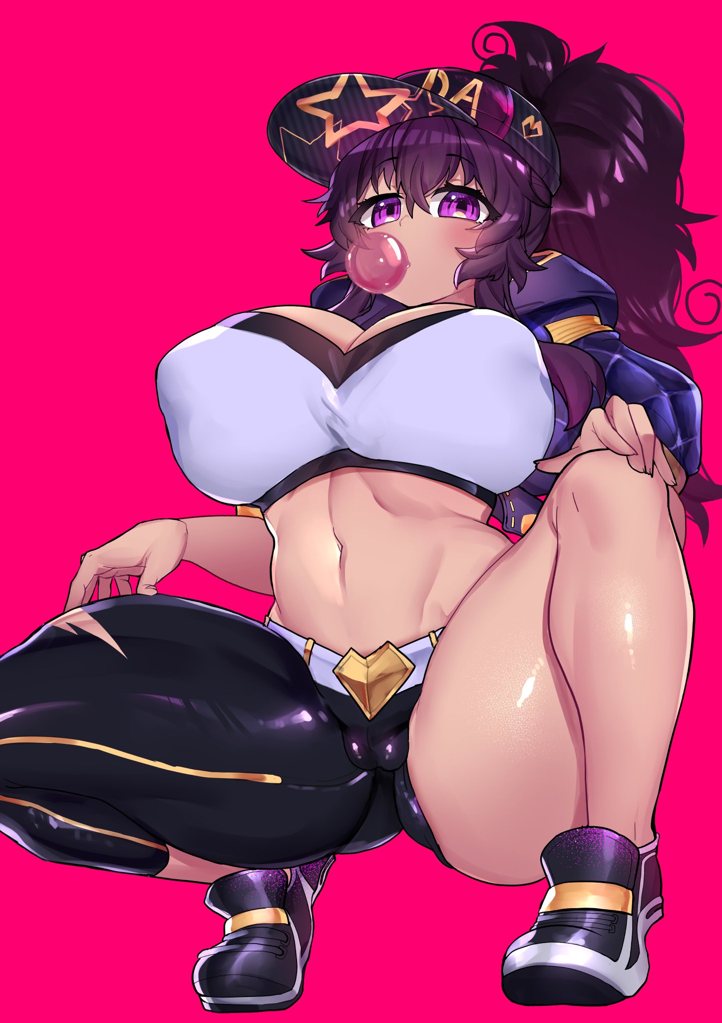 akali (cosplay), baseball cap, big breasts, breasts, bubble gum, cameltoe, cosplay, crawling dreams, curvy, dark hair, female, huge breasts, k/da akali (cosplay), k/da series, league of legends, looking at viewer, midriff, mismatched legwear, nyarla (crawling dreams), osiimi, ponytail, purple eyes, pussy, squatting, thick thighs
