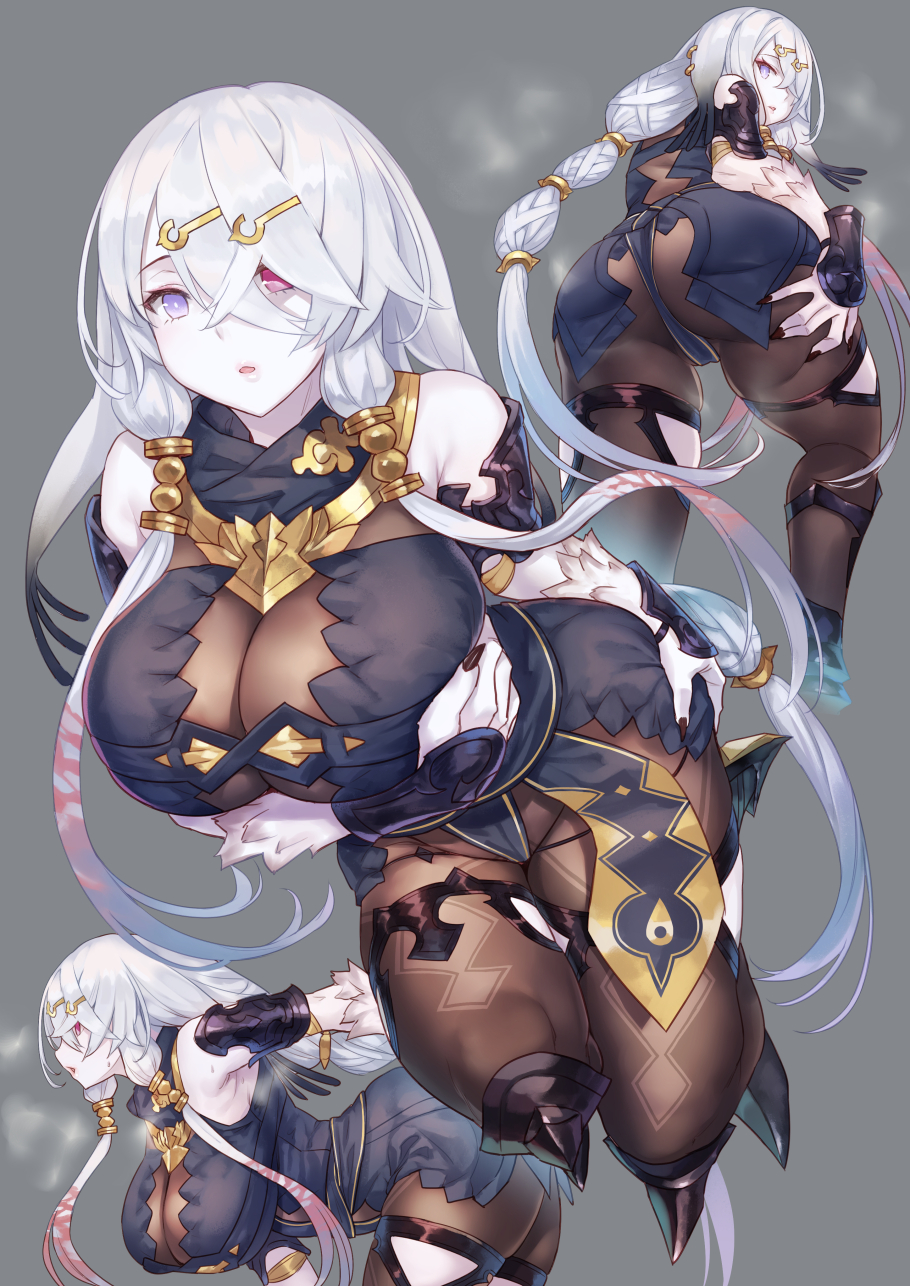 atelier_(series) atelier_ryza bangs bare_shoulders black_nails blush bodysuit breasts brown_bodysuit crossed_bangs female hair_ornament hairclip heterochromia highres hooded_vest large_breasts lila_decyrus long_hair looking_at_viewer low_twintails multiple_views nail_polish pale_skin thighs twintails zhen_lu