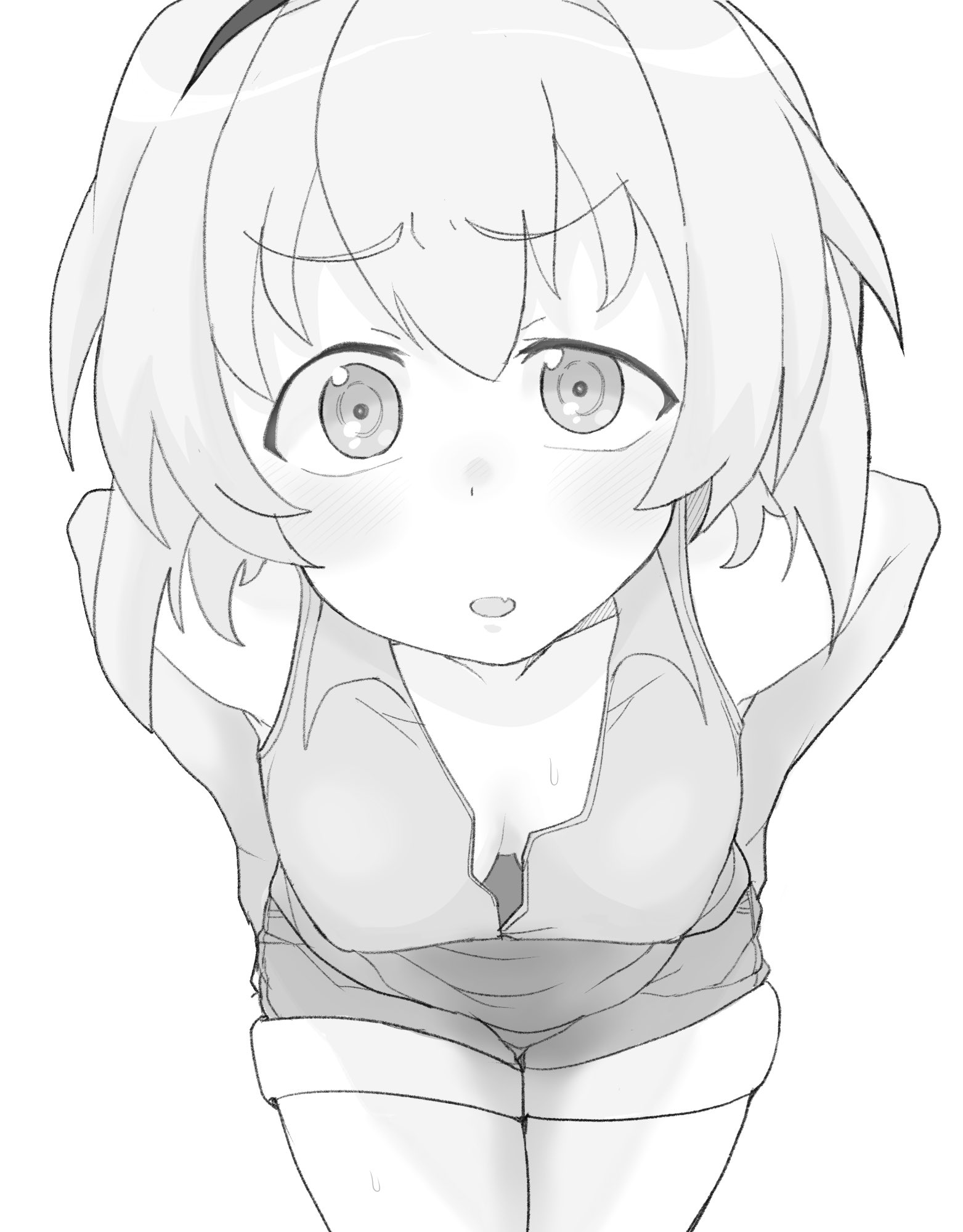 07th expansion, 1girls, alternate breast size, big breasts, black hairband, blush, breasts, busty, cleavage, commentary request, eyebrows visible through hair, female, female only, greyscale, hairband, hands on hips, henyaan (oreizm), highres, higurashi no naku koro ni, houjou satoko, large breasts, leaning forward, looking at viewer, monochrome, short hair, short shorts, shorts, solo, sweat, sweatdrop, thighhighs, thighs, voluptuous