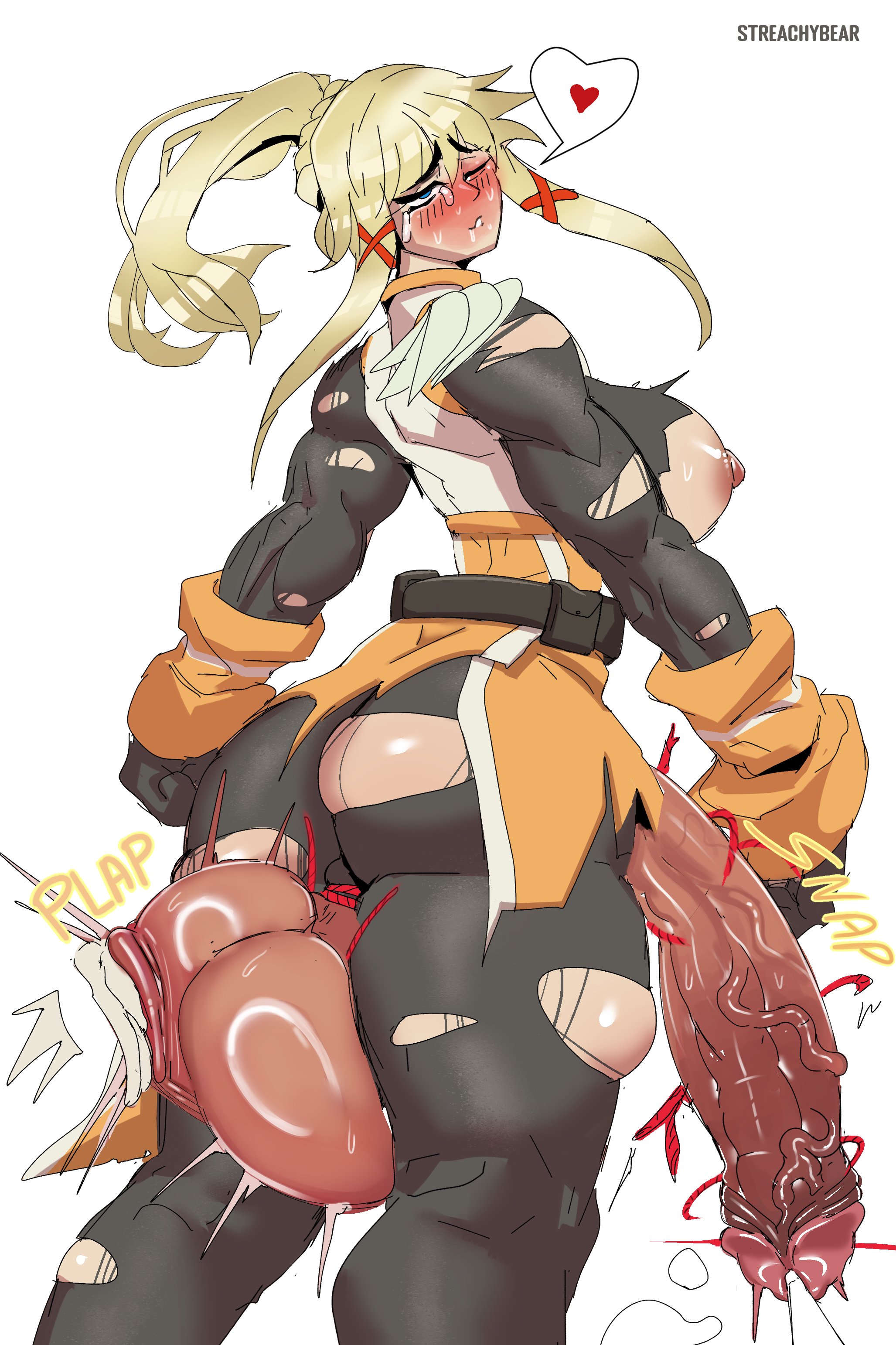 1futa, areolae, back, back view, backsack, ballbusting, ballbusting orgasm, balls, balls slap, balls spanking, ballsack, big breasts, blue eyes, blush, breasts, clothed, clothing, cock and ball torture, cock and balls torture, cum, darkness (konosuba), ejaculation, erection, foreskin, futa only, futanari, futasub, gigantic balls, gigantic testicles, hands-free, handsfree ejaculation, heart, huge balls, huge cock, human, intersex, kono subarashii sekai ni shukufuku wo!, large breasts, light skin, light-skinned futa, looking back, masturbation, mostly clothed, nipples, orgasm, pale skin, penis, ripped clothing, rope, solo, solo futa, standing, streachybear, testicles, tied penis, tongue, tongue out, uncircumcised, uncut, unretracted foreskin, veiny penis, yellow hair