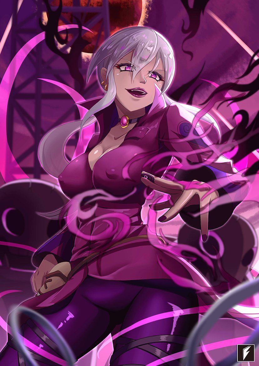 1girls artist_request ben_10 charmcaster choker detailed_background earrings eclipse female female_only lipstick nipple_bulge purple_eyes silver_hair solo