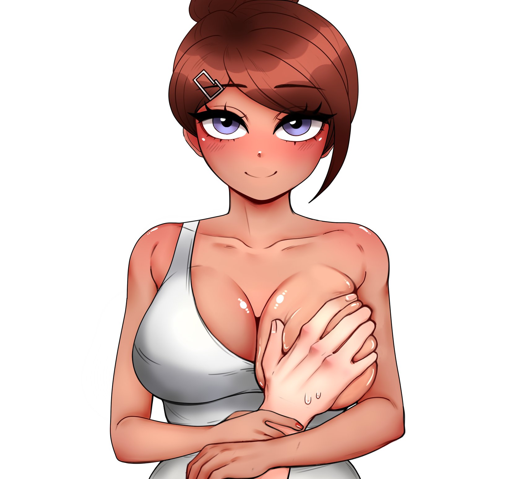 1girls, 2022, alternate version available, asahina aoi, bangs, blue eyes, blush, blushing at viewer, breast grab, breast out, breast squeeze, breasts, brown hair, clover jello, collarbone, danganronpa, danganronpa: trigger happy havoc, dark skin, dark-skinned female, facing viewer, female, female focus, grope, groping, hair ornament, hairclip, high ponytail, human, human focus, human only, large breasts, looking at viewer, ponytail, pov, pov eye contact, pov hands, shirt, simple background, smile, smiling, smiling at viewer, squeeze, squeezing, squeezing breast, straight hair, tan, tan skin, tan-skinned female, tank top, tanned skin, teenager, white background, white shirt