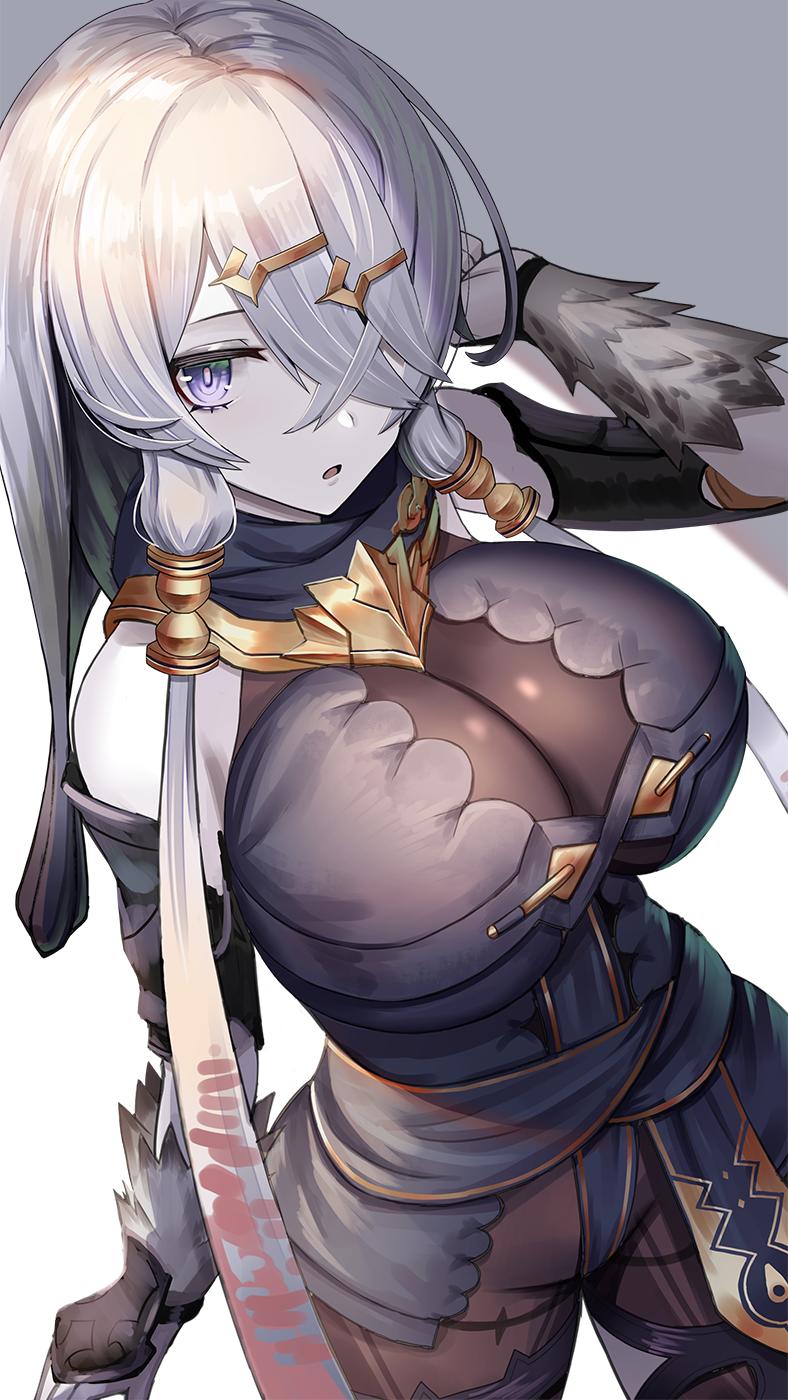 :o atelier_(series) atelier_ryza bangs belt bodysuit breasts brown_bodysuit cleavage crossed_bangs dakunesu female fur hair_ornament hair_over_one_eye hairclip highres hood hood_down hooded_vest large_breasts lila_decyrus long_hair low_twintails pale_skin purple_eyes silver_hair simple_background solo twintails very_long_hair vest