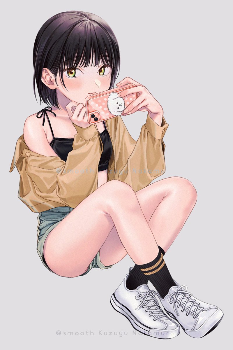 1girls, bra, breasts, cute, female, full body, grey background, long socks, phone, selfie, shoes, shorts, simple background, sitting, small breasts, sneakers, solo, young