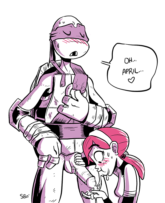 animal genitalia, animal penis, april o'neil, april o'neil (tmnt 2012), blowjob, blush, cum, cum in mouth, cum on face, donatello, donatello (tmnt), female, ginger, male, penis, teenage mutant ninja turtles, tmnt, tmnt 2012
