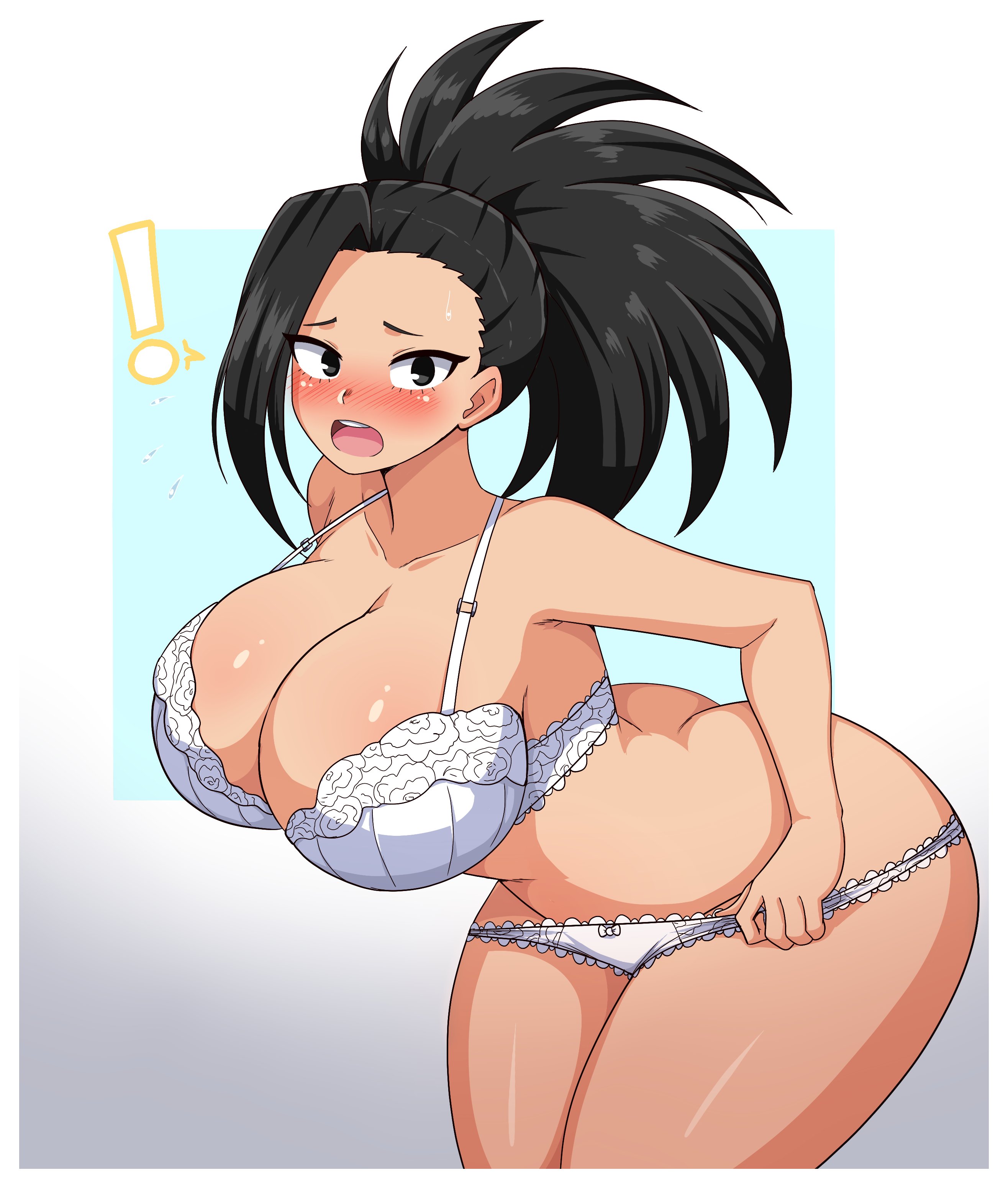 1girls, ass, ass cleavage, ass crack, big ass, big breasts, big butt, black hair, black-haired female, blush, bra, breasts, butt crack, eye contact, female, huge ass, huge breasts, looking at viewer, momo yaoyorozu, my hero academia, panties, ponytail, simmsy, solo, surprised, thick thighs, thighs, underwear