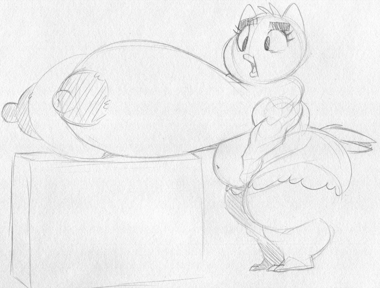 2_toes anthro avian belly big_breasts bird breasts chubby_anthro chubby_female eyebrows feathers feet female harvey_beaks harvey_beaks_(series) huge_breasts hyper hyper_breasts monochrome navel non-mammal_breasts owl princess_(harvey_beaks) sbshouseofpancakes slightly_chubby standing tail_feathers thick_eyebrows toes tongue traditional_media_(artwork) wide_hips