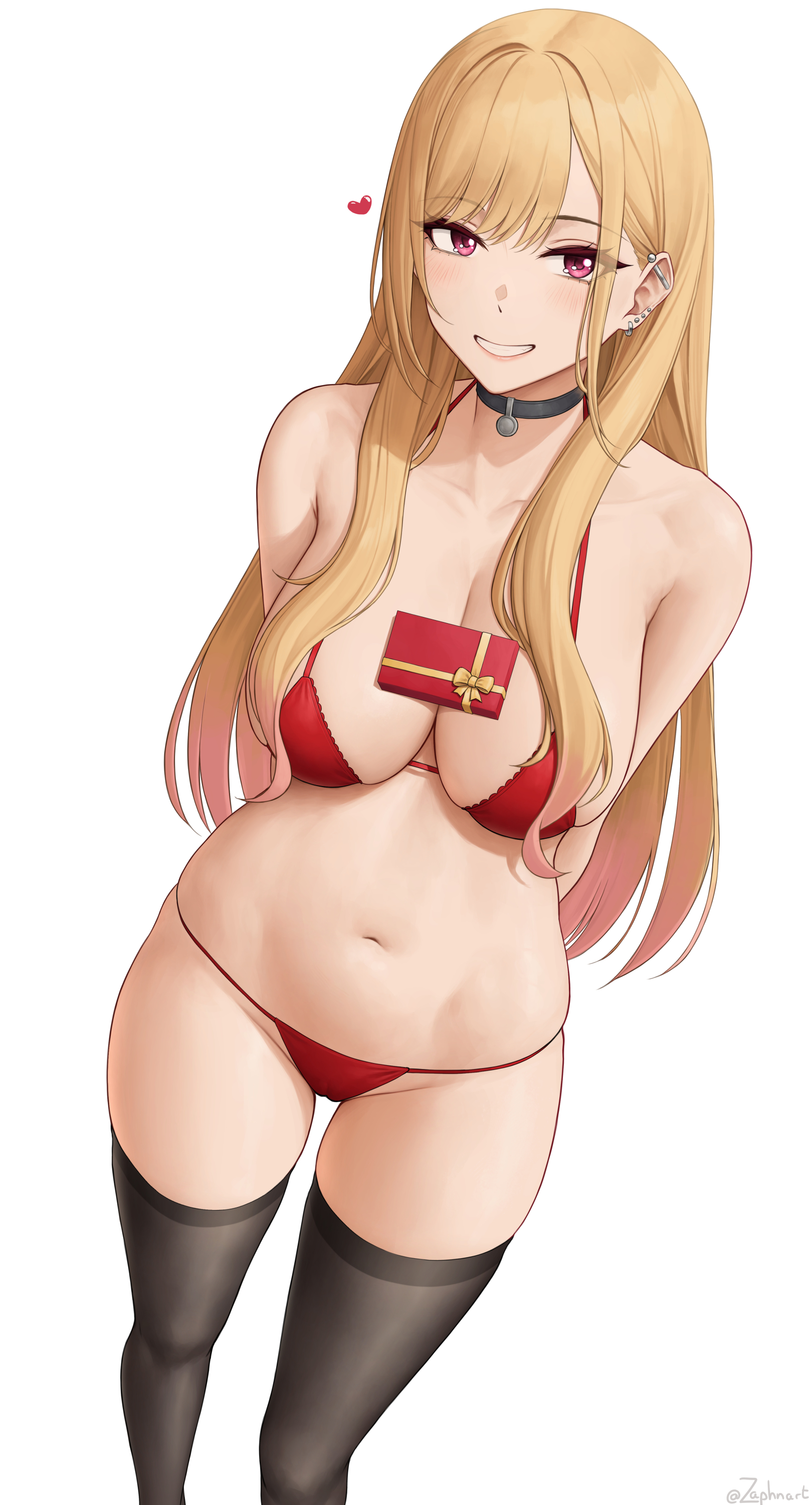 1girls, 2022, alternate version available, bikini, blonde hair, breasts, cleavage, female, female only, gyaru, hi res, hips, huge breasts, kitagawa marin, long hair, looking at viewer, object on breast, red bikini, red eyes, simple background, slim waist, smile, sono bisque doll wa koi wo suru, tagme, thick thighs, thighs, valentine's day, wide hips, zaphn