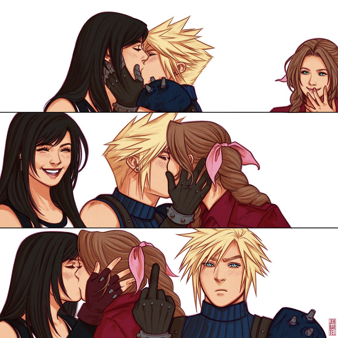 1boy, 2girls, aerith gainsborough, bisexual, bisexual female, blonde hair, blue eyes, closed eyes, cloud strife, female, female/female, final fantasy, final fantasy vii, final fantasy vii remake, fingerless gloves, flipping off, flipping the bird, flipping viewer off, game, gloves, green eyes, hand on face, happy, holding face, jen bartel, kissing, lesbian kiss, making out, male, male/female, meme, middle finger, multiple females, multiple girls, multiple partners, polyamory, smile, smiling at partner, spiky hair, tifa lockhart, watching