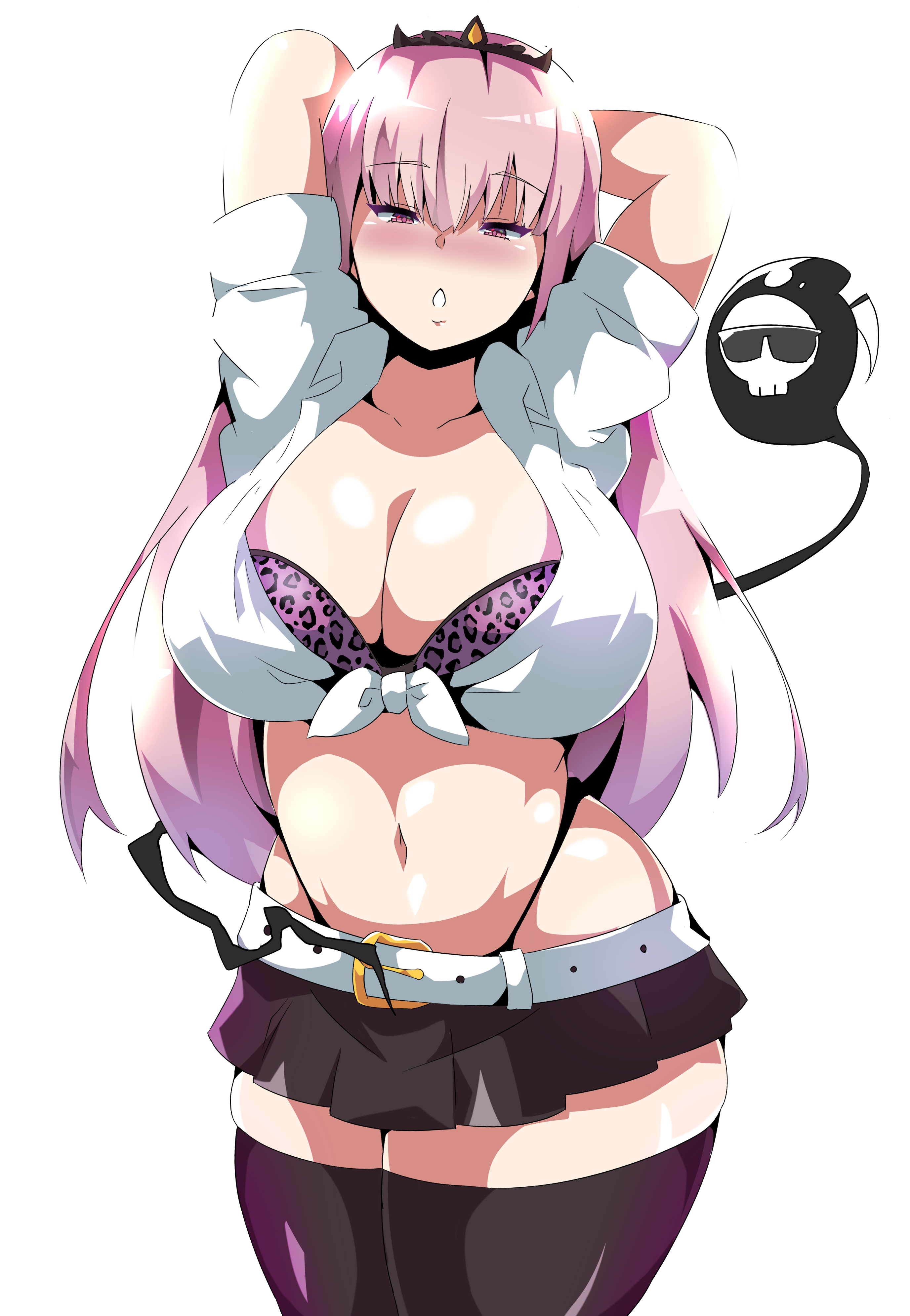 1girls, arms above head, arms up, big breasts, bimbo, blush, bra, bra cups sticking out, breasts, busty, cielr18, cleavage, female, female only, front-tie top, gyaru, hololive, hololive english, hololive myth, large breasts, light skin, light-skinned female, midriff, mori calliope, navel, pink hair, short skirt, skimpy, skimpy clothes, skirt, solo, thick thighs, thong, thong above skirt, thong straps, tied shirt, virtual youtuber, whale tail