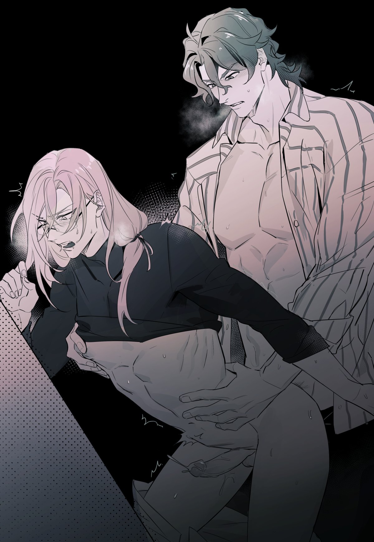 2boys, anal sex, cherry blossom (sk8 the infinity), clothing, gay, genitals, green hair, joe (sk8 the infinity), kaoru sakurayashiki, kojiro nanjo, long hair, long-haired male, male, male only, male penetrated, male penetrating, male penetrating male, nipple pinch, penetration, penis, pink hair, precum, shikuaiqianqian, shirt pull, sk8 the infinity, standing, standing sex, stomach bulge, waist grab, yaoi