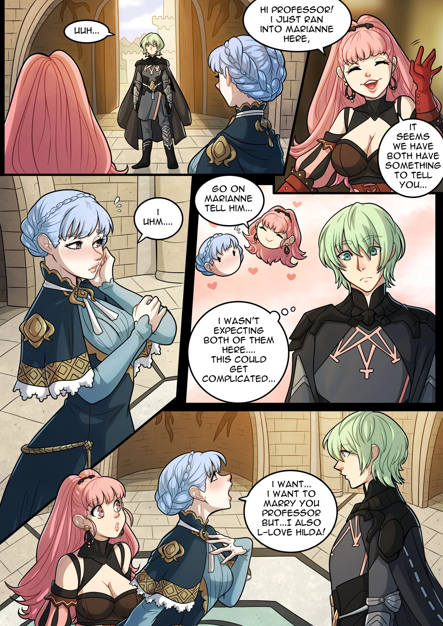 1boy, 2girls, bisexual, bisexual female, blue hair, byleth (fire emblem), byleth (fire emblem) (male), comic, confession, english text, female, fire emblem, fire emblem: three houses, green eyes, green hair, heart-shaped pupils, hearts, hearts in eyes, hilda valentine goneril, kinkymation, love, male, marianne von edmund, marriage proposal, pink eyes, pink hair, polyamory, straight, wholesome