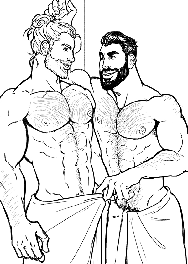 2boys aleksander_(cabaret_bara) big_biceps cabaret_bara cabaret_bara_series gay hairy huge_pecs male male/male male_only muscles muscular muscular_male nikolaos_(cabaret_bara) shower teasing towel uncolored yaoi