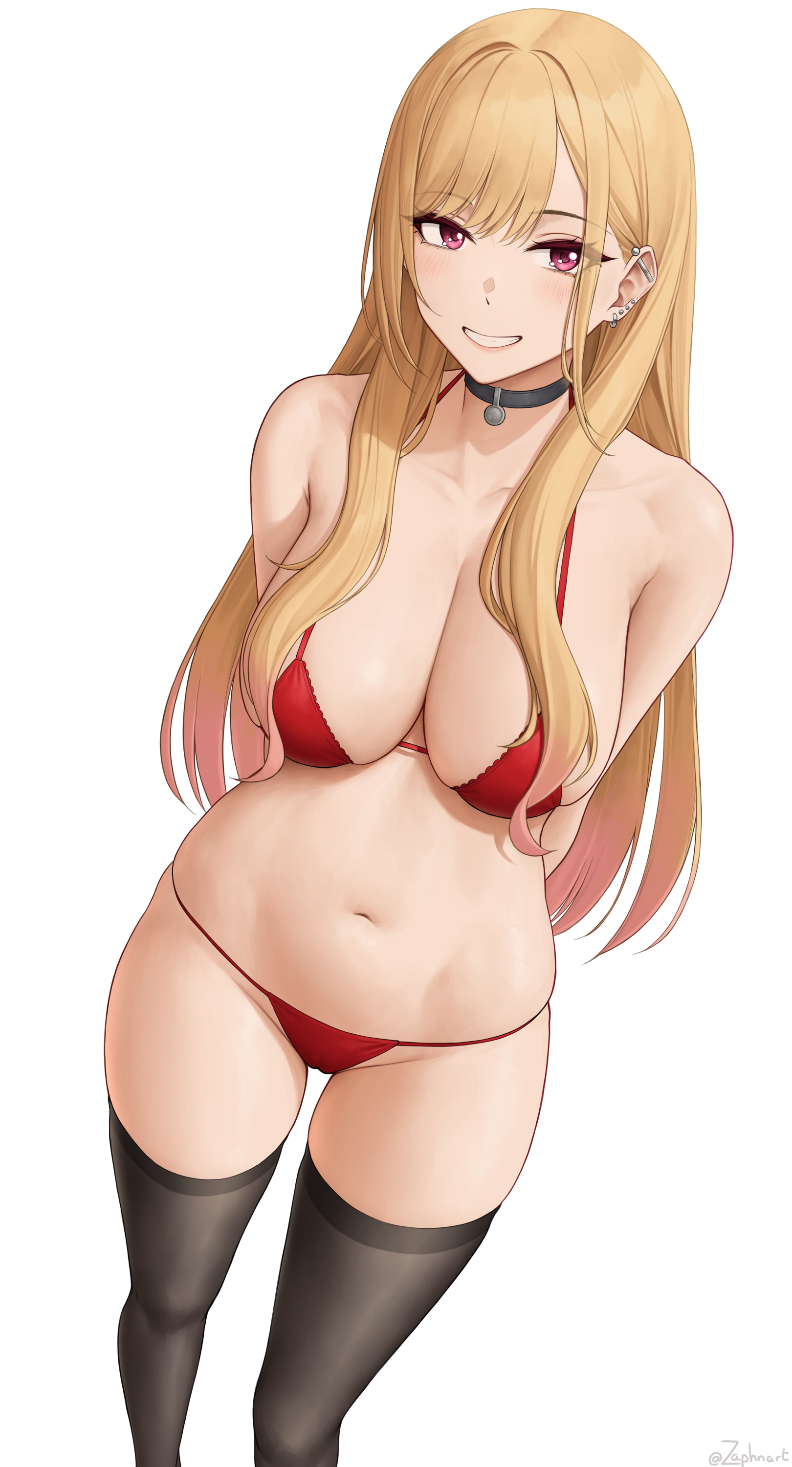 1girls, 2022, bikini, blonde hair, breasts, cleavage, female, female only, gyaru, hi res, hips, huge breasts, kitagawa marin, long hair, looking at viewer, red bikini, red eyes, simple background, slim waist, smile, sono bisque doll wa koi wo suru, tagme, thick thighs, thighhighs, thighs, wide hips, zaphn